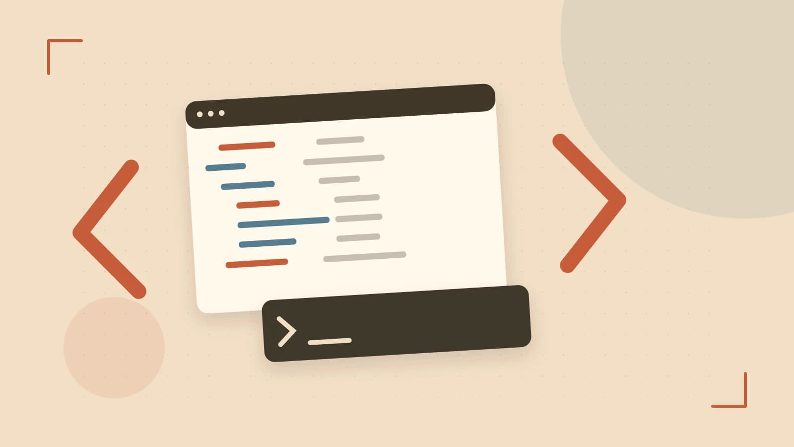 Editorial illustration of an abstract code editor, syntax blocks and oversized programming brackets
