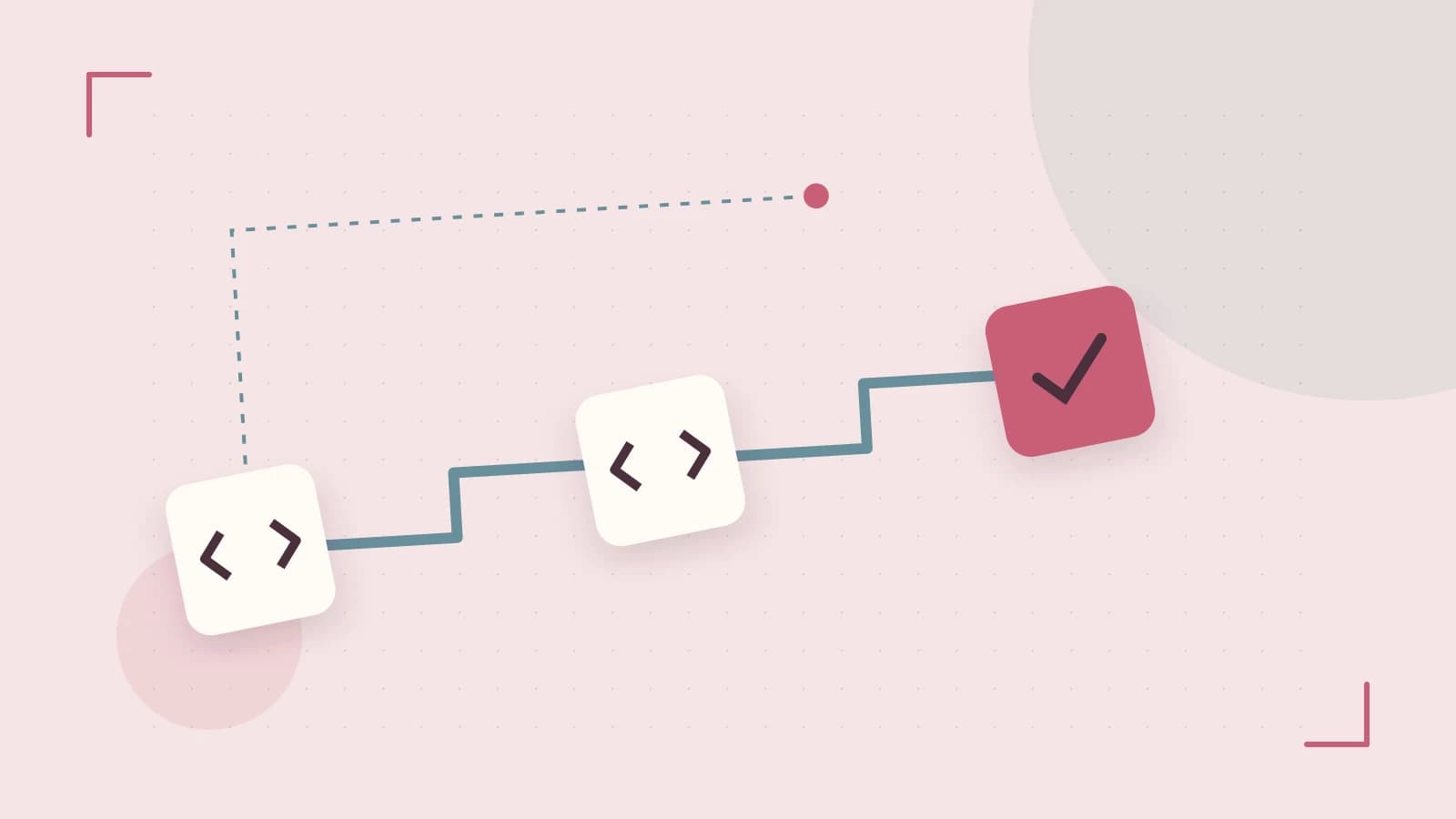Editorial illustration of a branching build pipeline, staged transformations and a completed check
