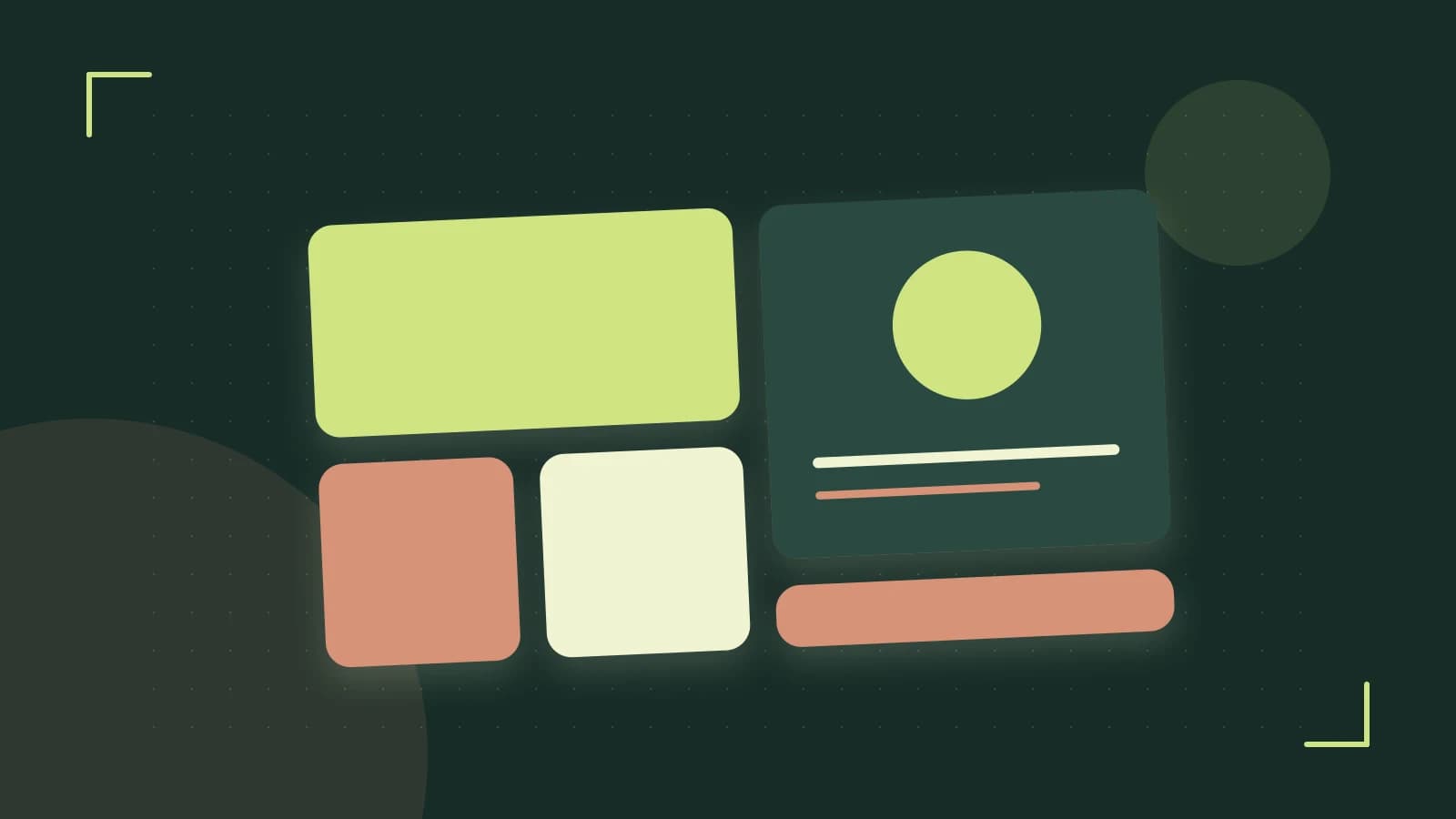 Editorial illustration of responsive browser layouts, overlapping design components and a color system