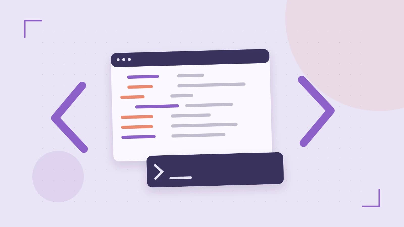 Editorial illustration of an abstract code editor, syntax blocks and oversized programming brackets