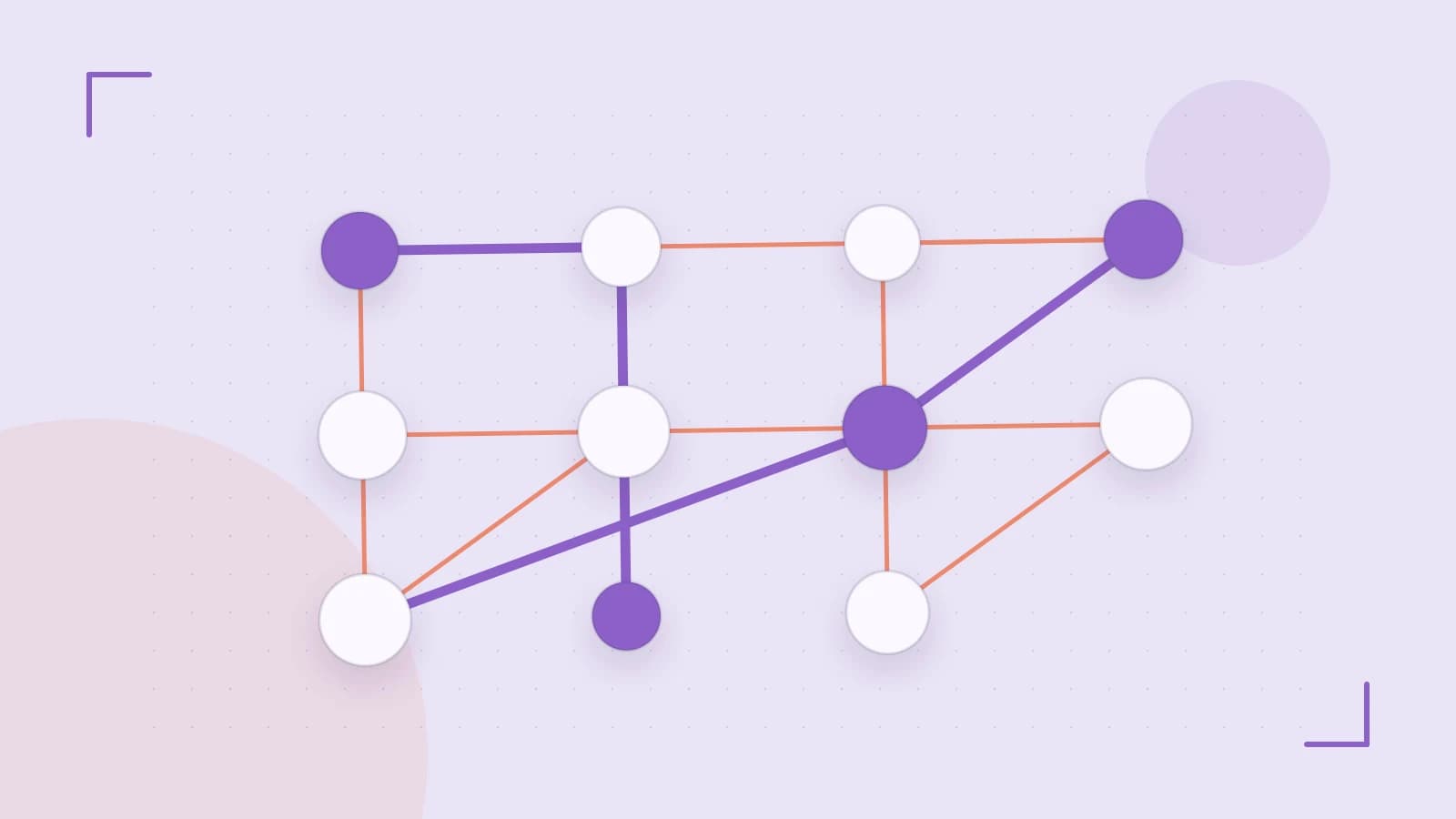 Editorial illustration of an algorithmic node graph with branching paths and a highlighted result