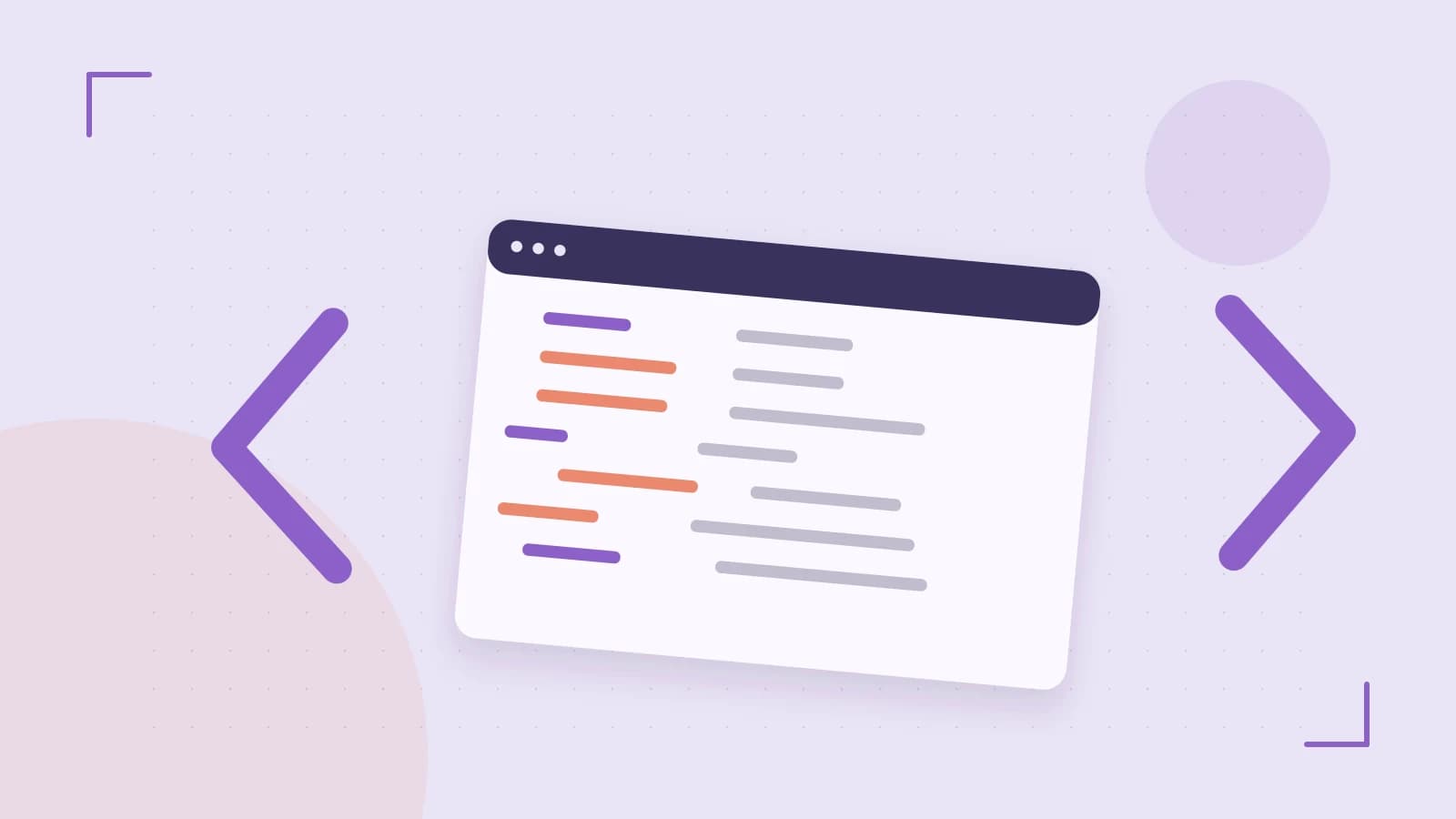 Editorial illustration of an abstract code editor, syntax blocks and oversized programming brackets