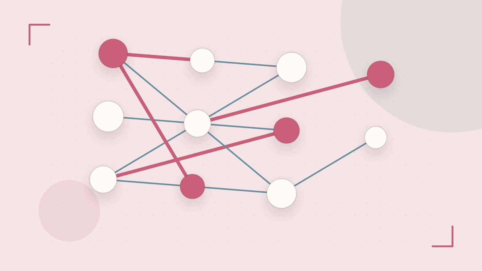 Editorial illustration of an algorithmic node graph with branching paths and a highlighted result