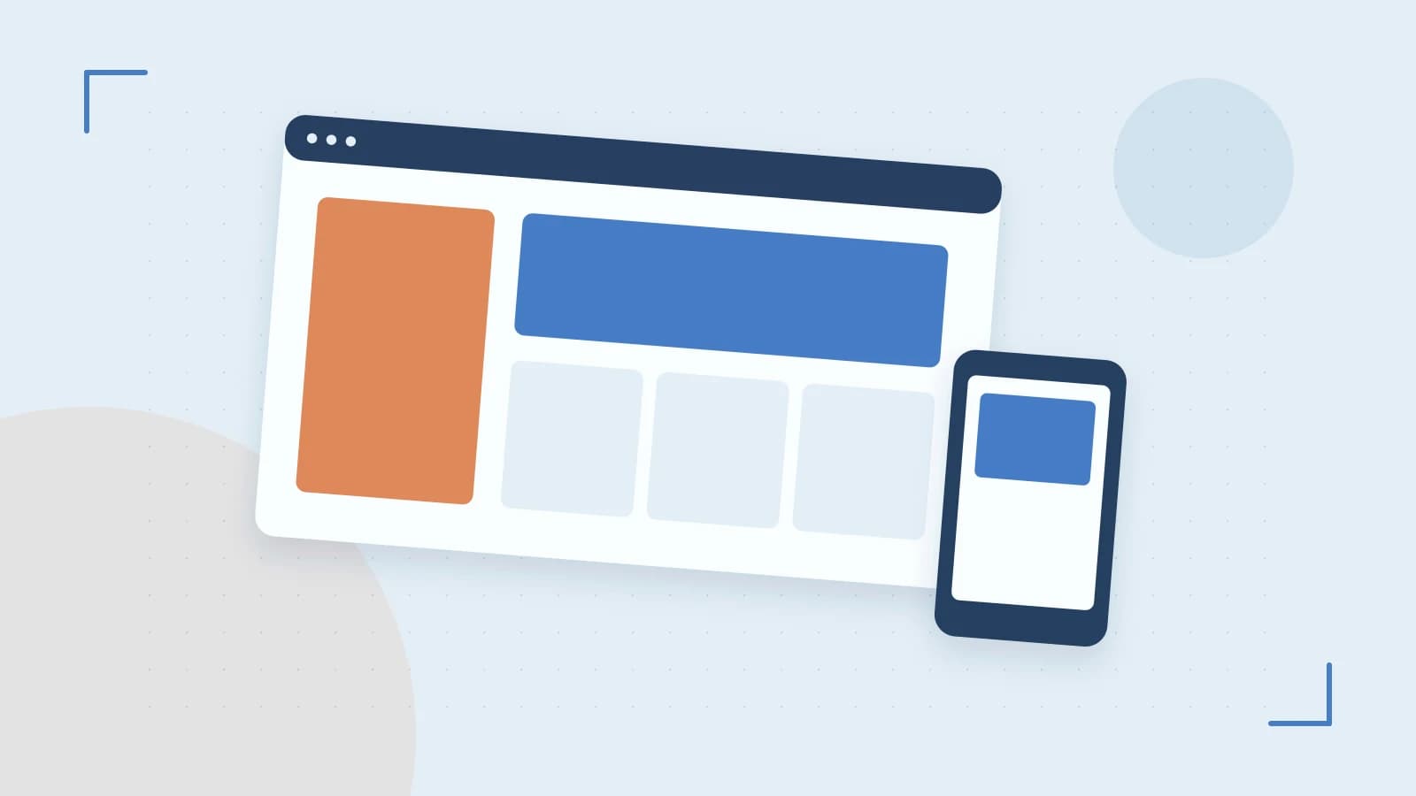Editorial illustration of responsive browser layouts, overlapping design components and a color system