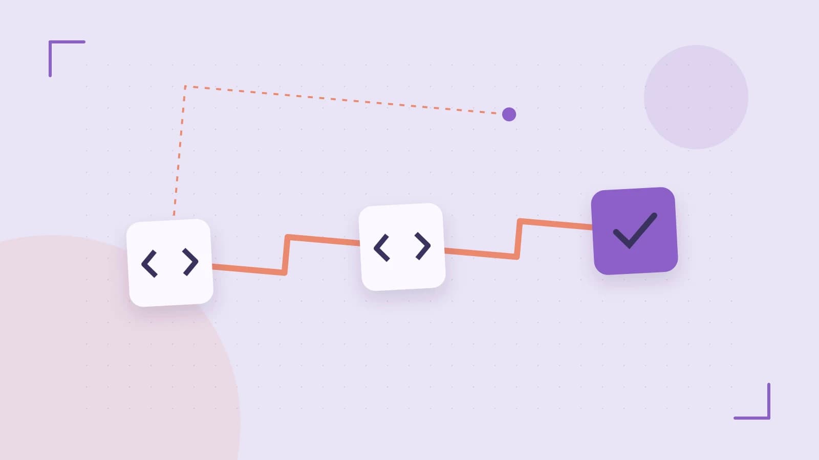 Editorial illustration of a branching build pipeline, staged transformations and a completed check