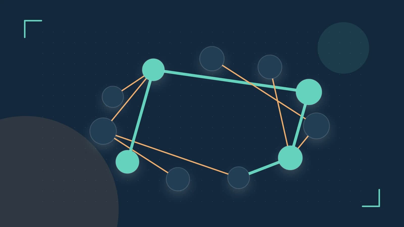 Editorial illustration of an algorithmic node graph with branching paths and a highlighted result