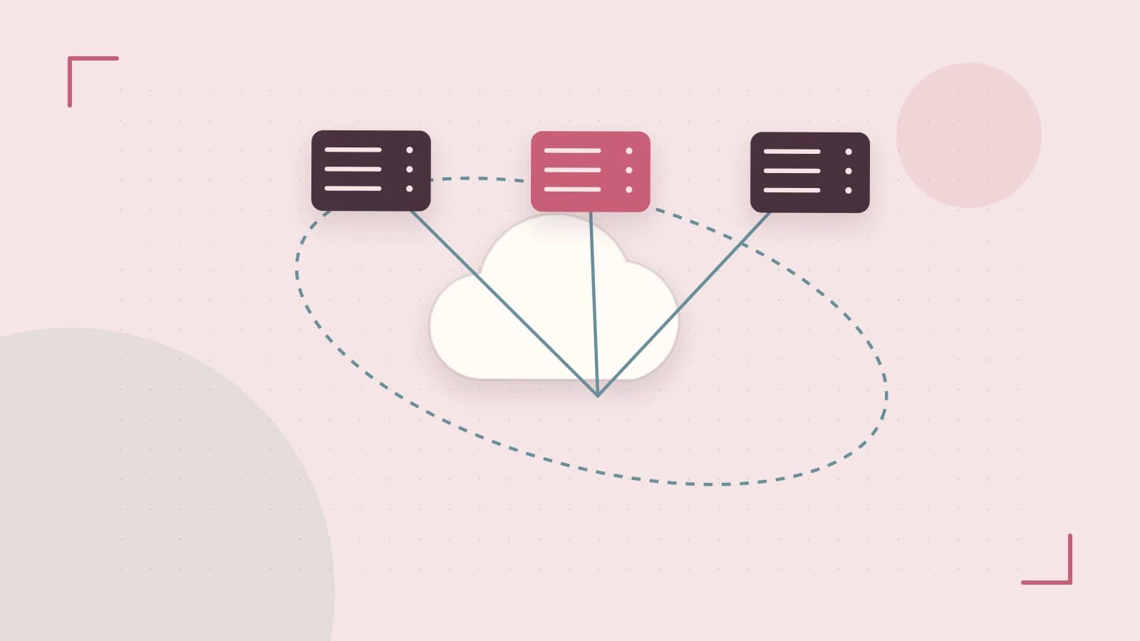 Editorial illustration of cloud infrastructure, connected server racks and an orbital service map