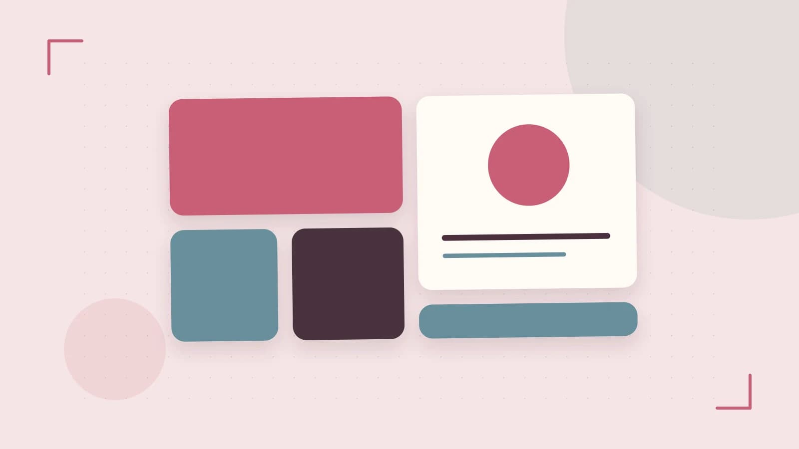 Editorial illustration of responsive browser layouts, overlapping design components and a color system