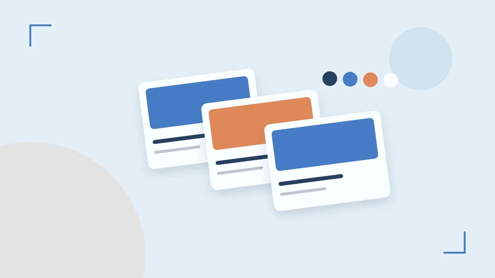 Editorial illustration of responsive browser layouts, overlapping design components and a color system