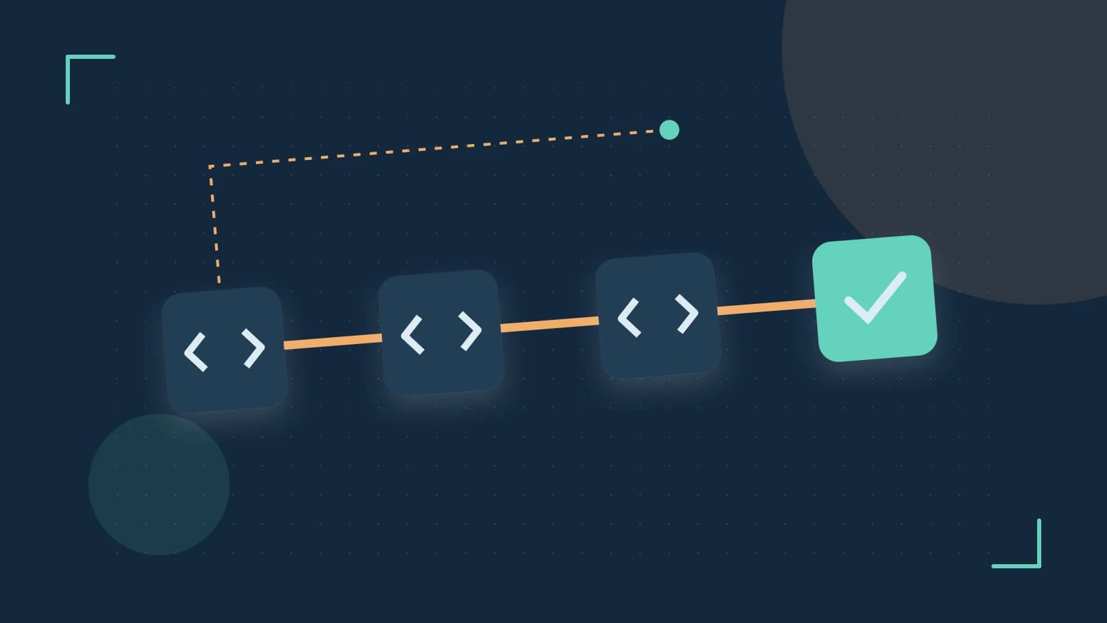 Editorial illustration of a branching build pipeline, staged transformations and a completed check