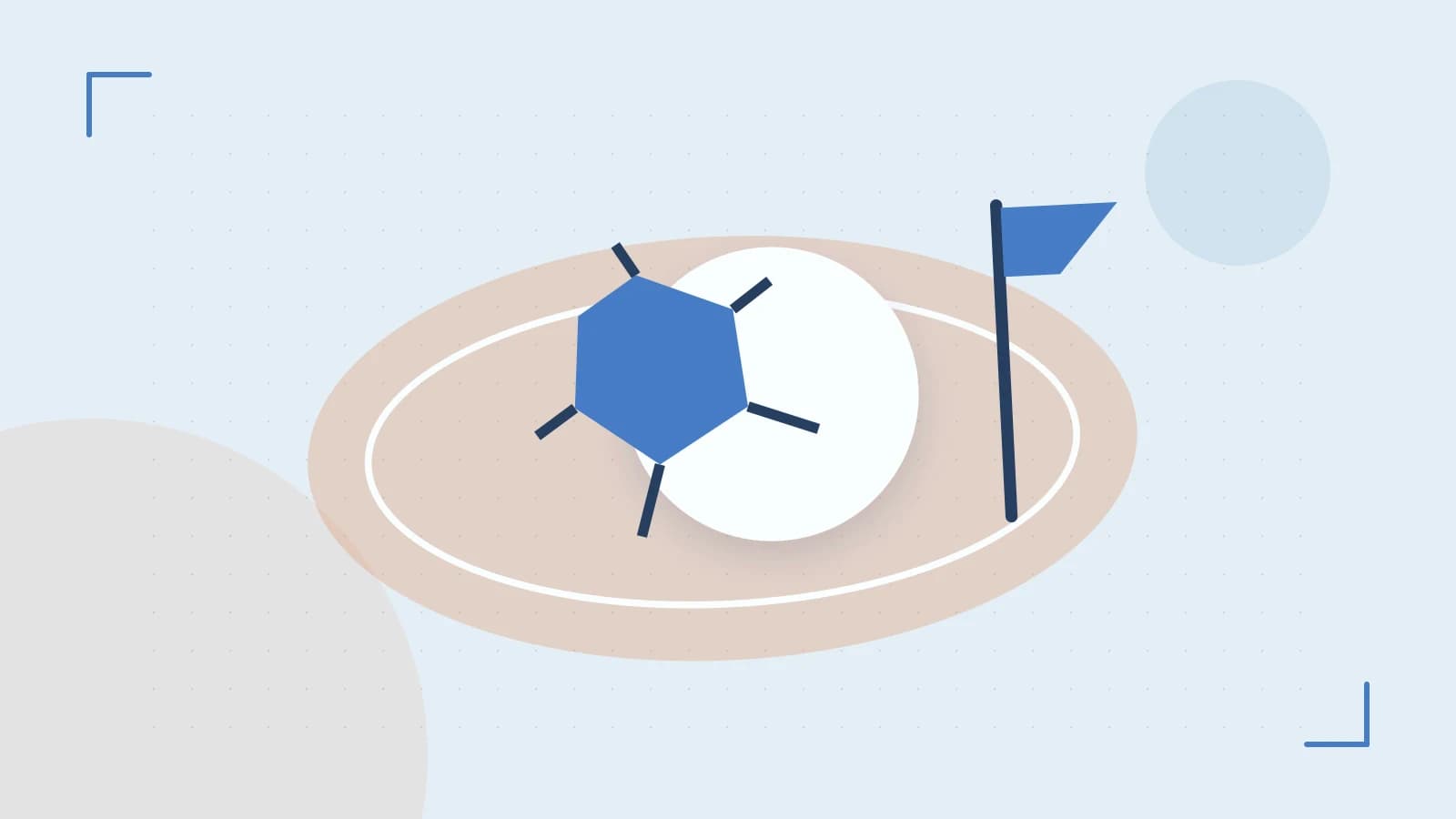 Editorial illustration of a stylized sports ball, stadium geometry and dynamic arcs