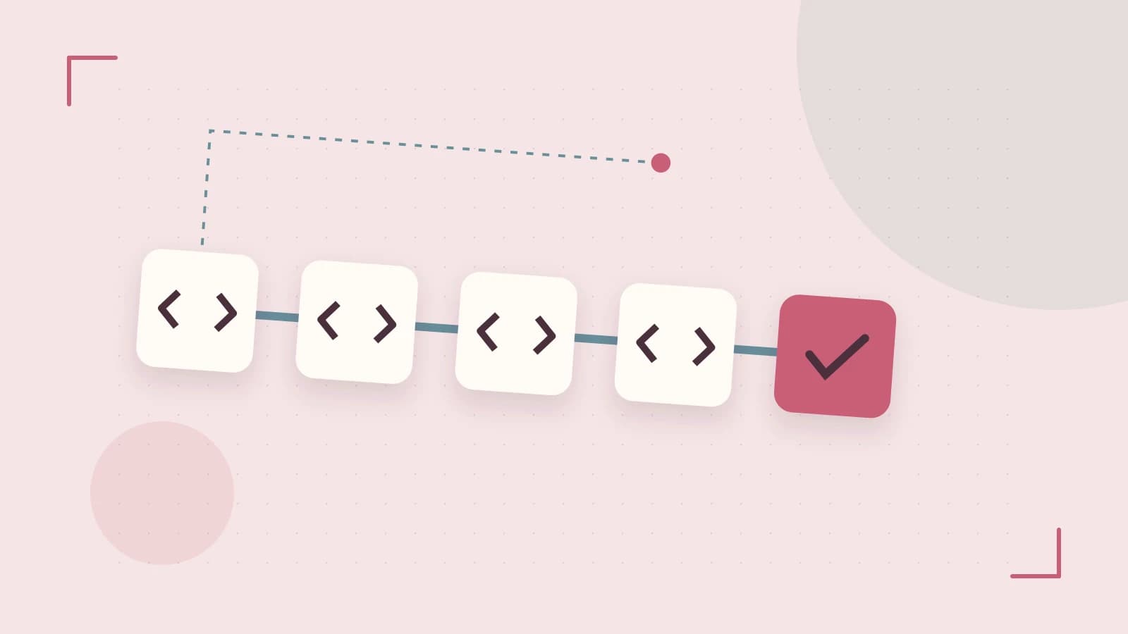 Editorial illustration of a branching build pipeline, staged transformations and a completed check