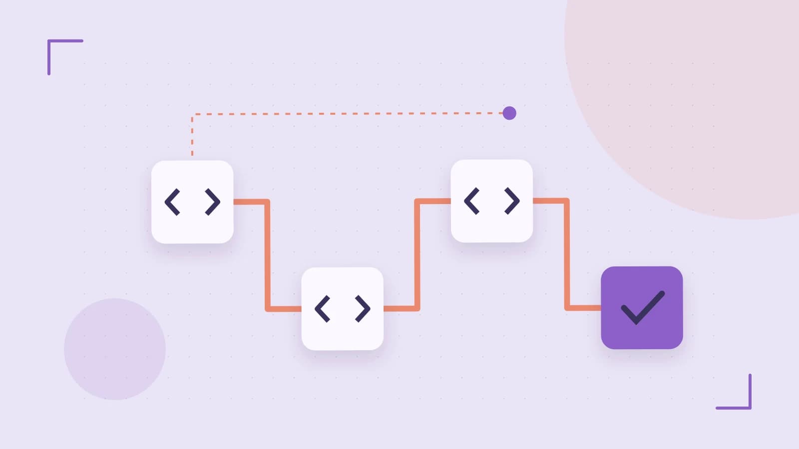 Editorial illustration of a branching build pipeline, staged transformations and a completed check