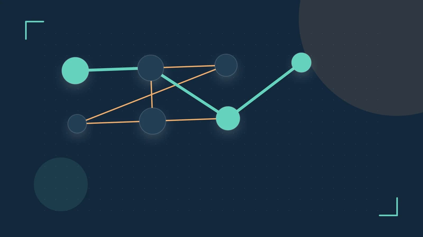 Editorial illustration of an algorithmic node graph with branching paths and a highlighted result
