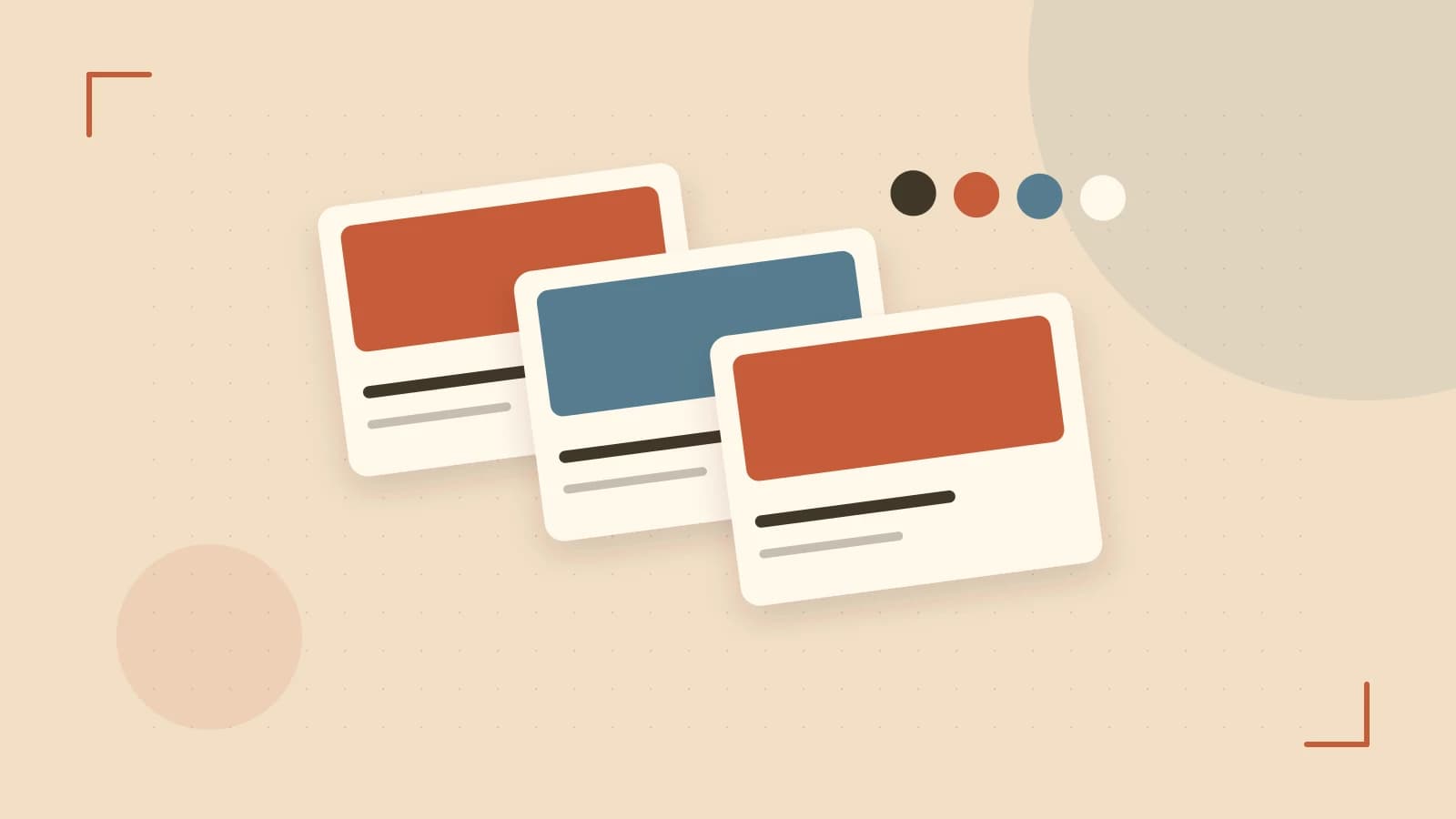 Editorial illustration of responsive browser layouts, overlapping design components and a color system