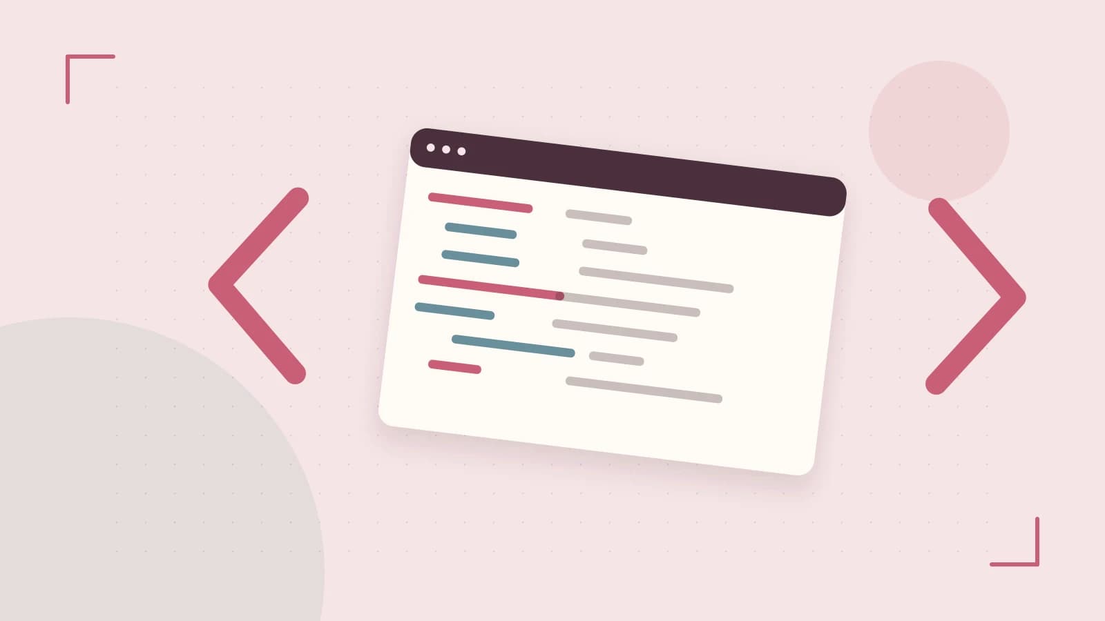 Editorial illustration of an abstract code editor, syntax blocks and oversized programming brackets