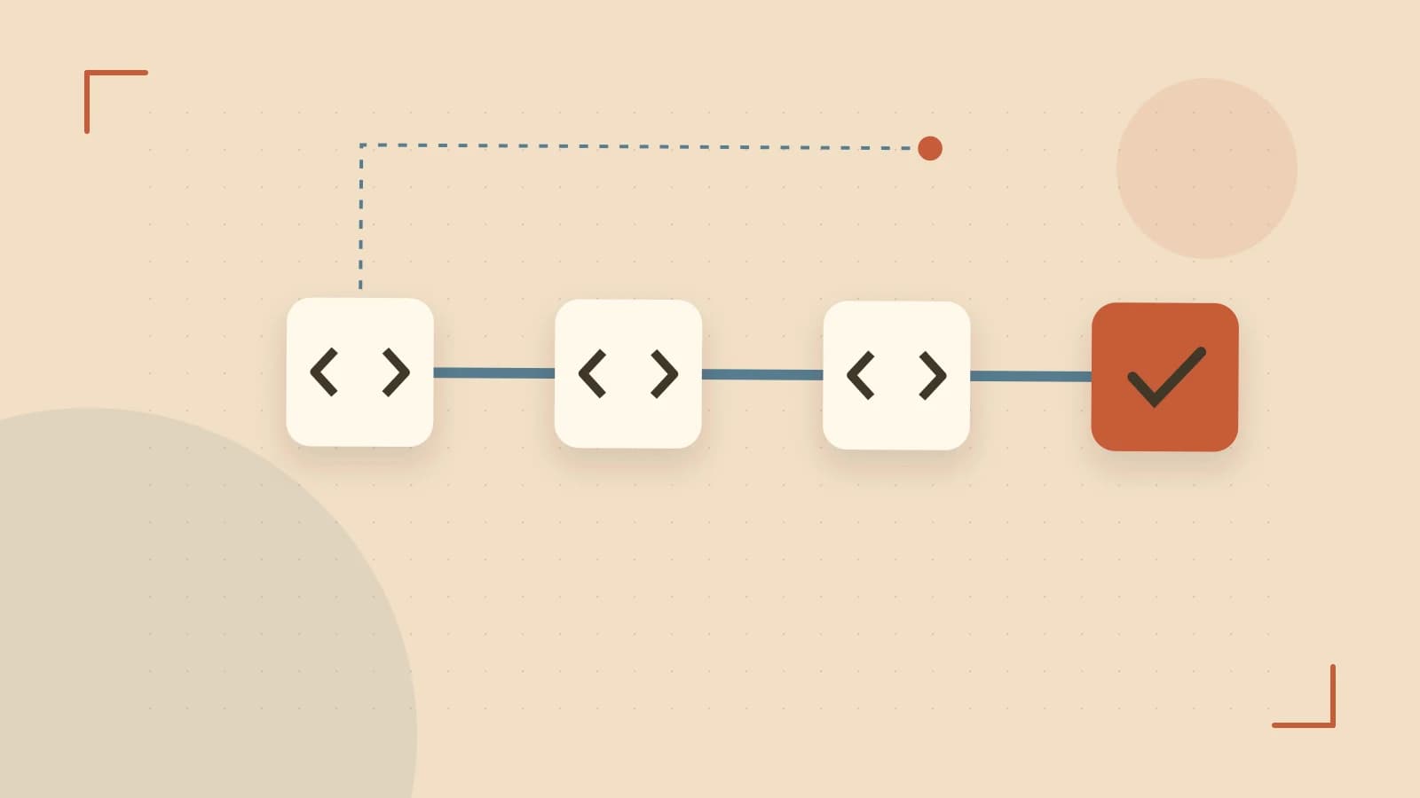 Editorial illustration of a branching build pipeline, staged transformations and a completed check