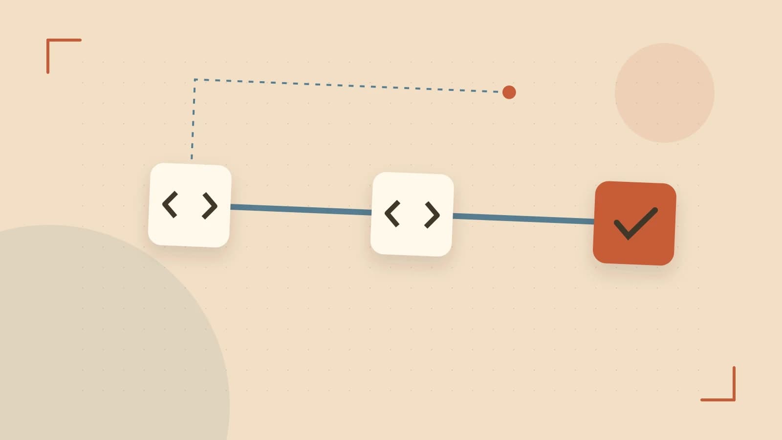 Editorial illustration of a branching build pipeline, staged transformations and a completed check
