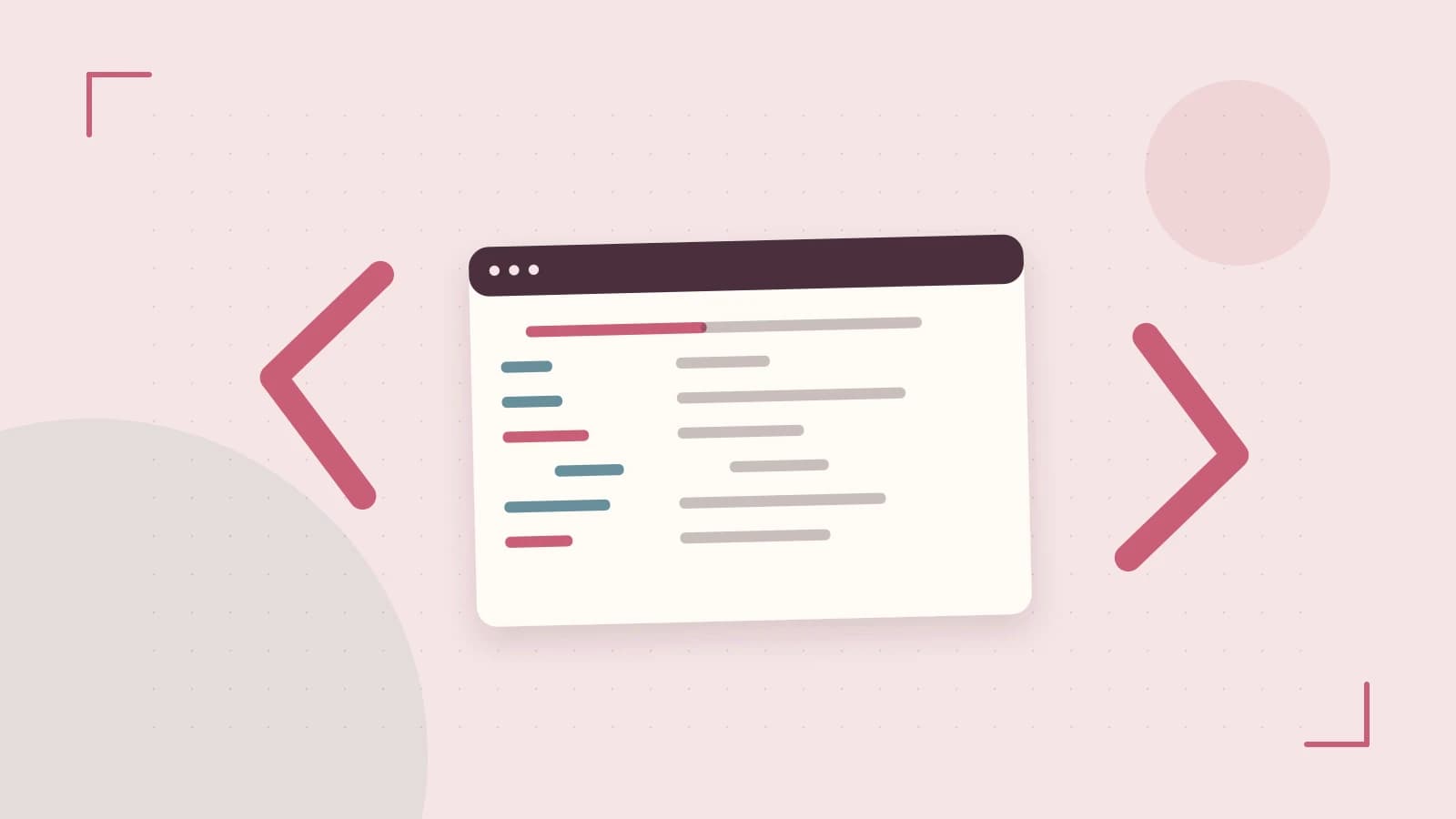 Editorial illustration of an abstract code editor, syntax blocks and oversized programming brackets