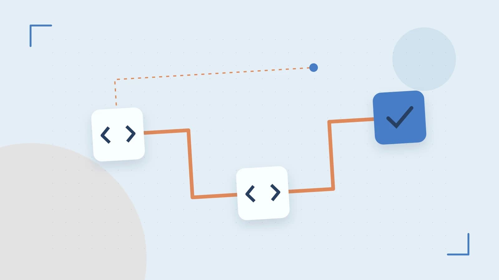 Editorial illustration of a branching build pipeline, staged transformations and a completed check