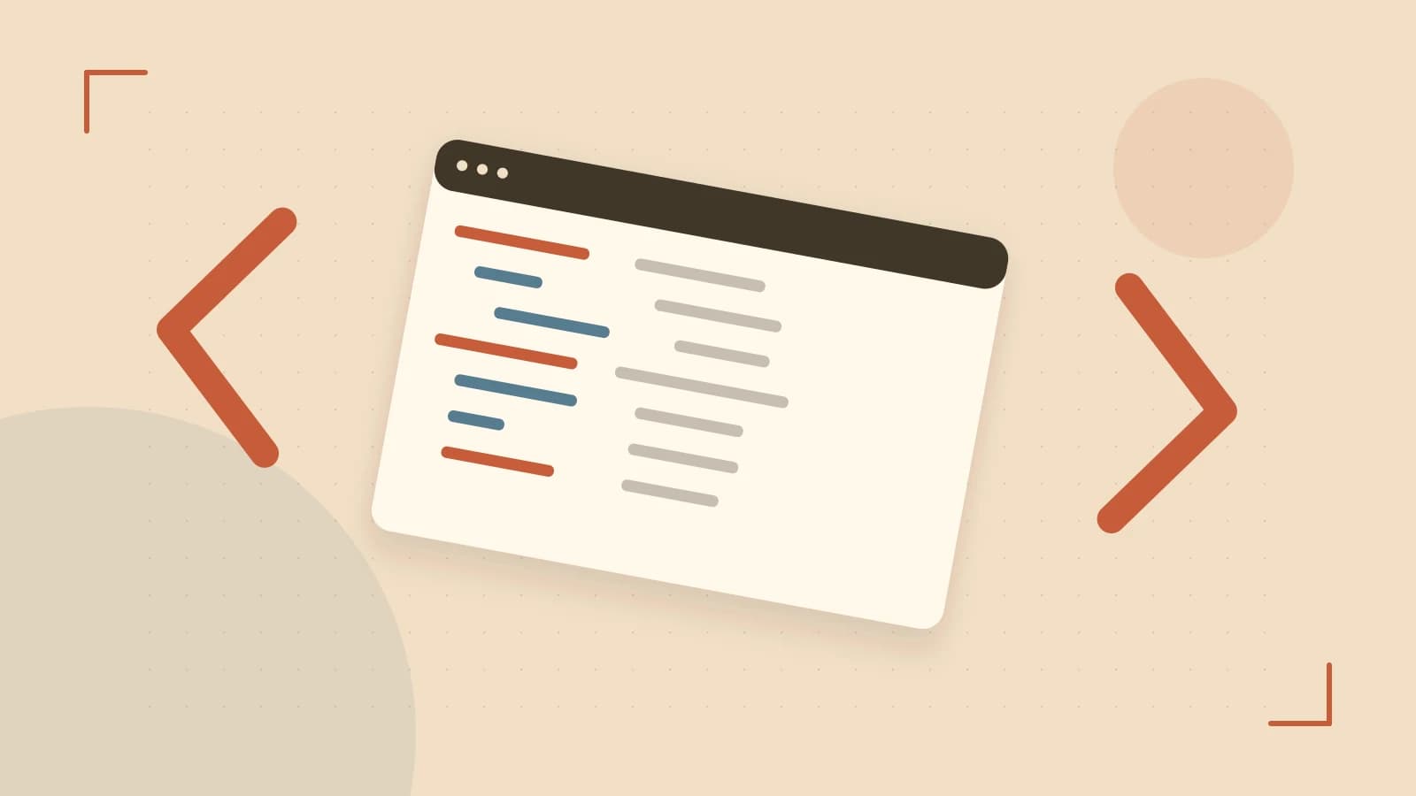 Editorial illustration of an abstract code editor, syntax blocks and oversized programming brackets