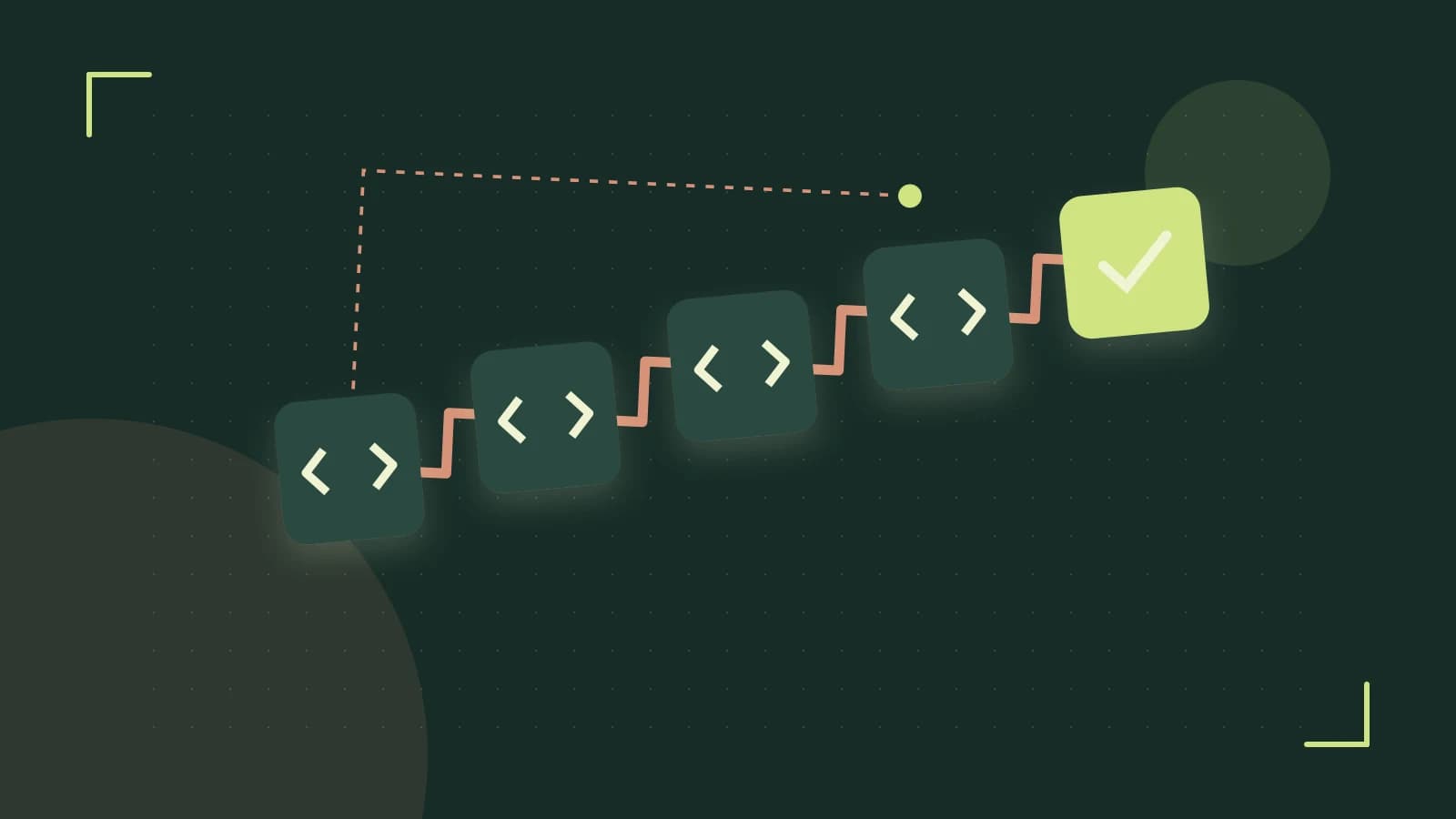 Editorial illustration of a branching build pipeline, staged transformations and a completed check