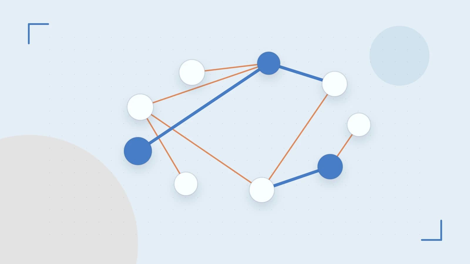 Editorial illustration of an algorithmic node graph with branching paths and a highlighted result