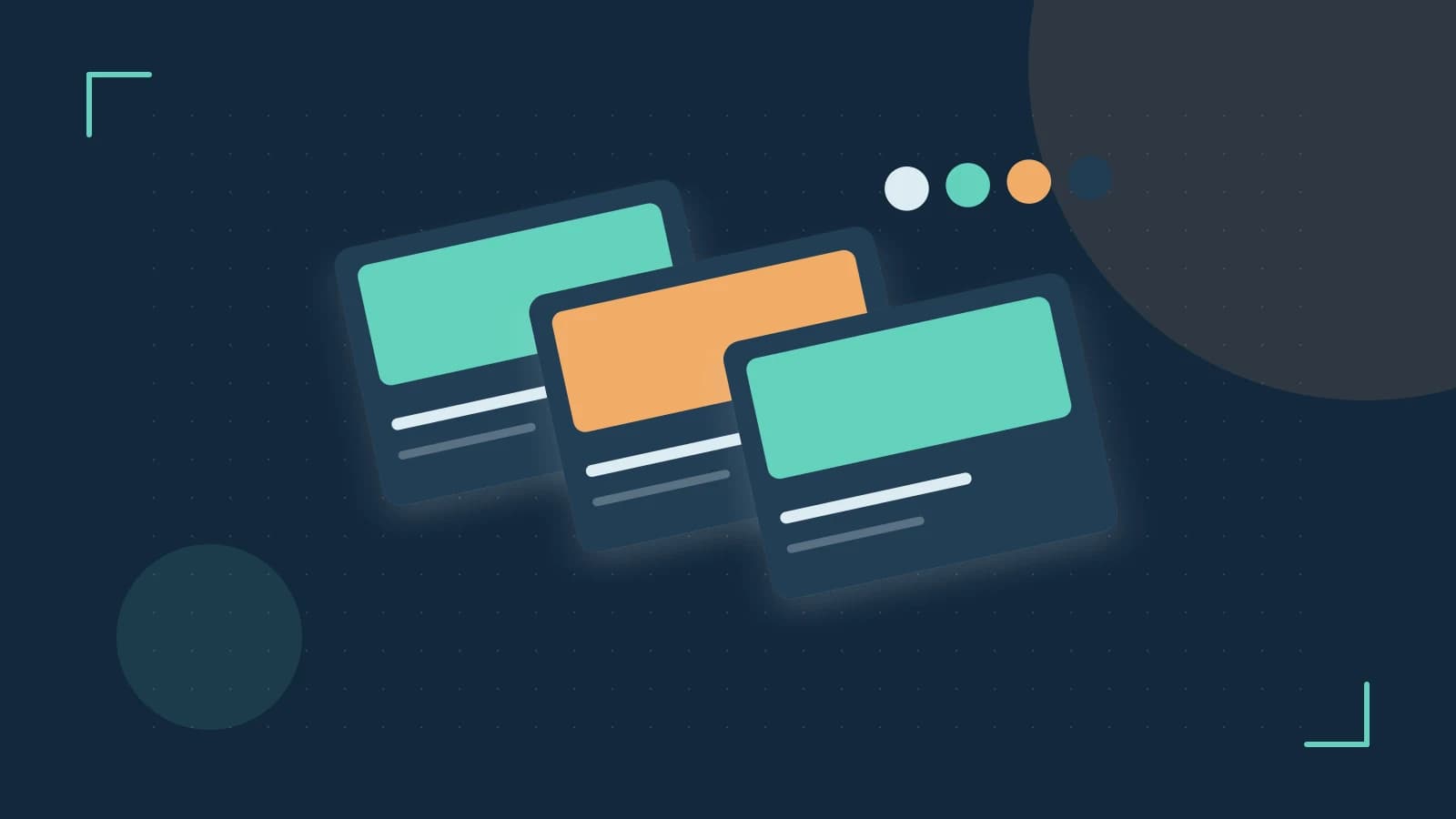 Editorial illustration of responsive browser layouts, overlapping design components and a color system
