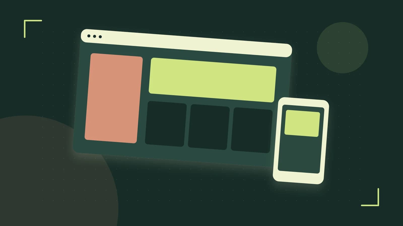 Editorial illustration of responsive browser layouts, overlapping design components and a color system