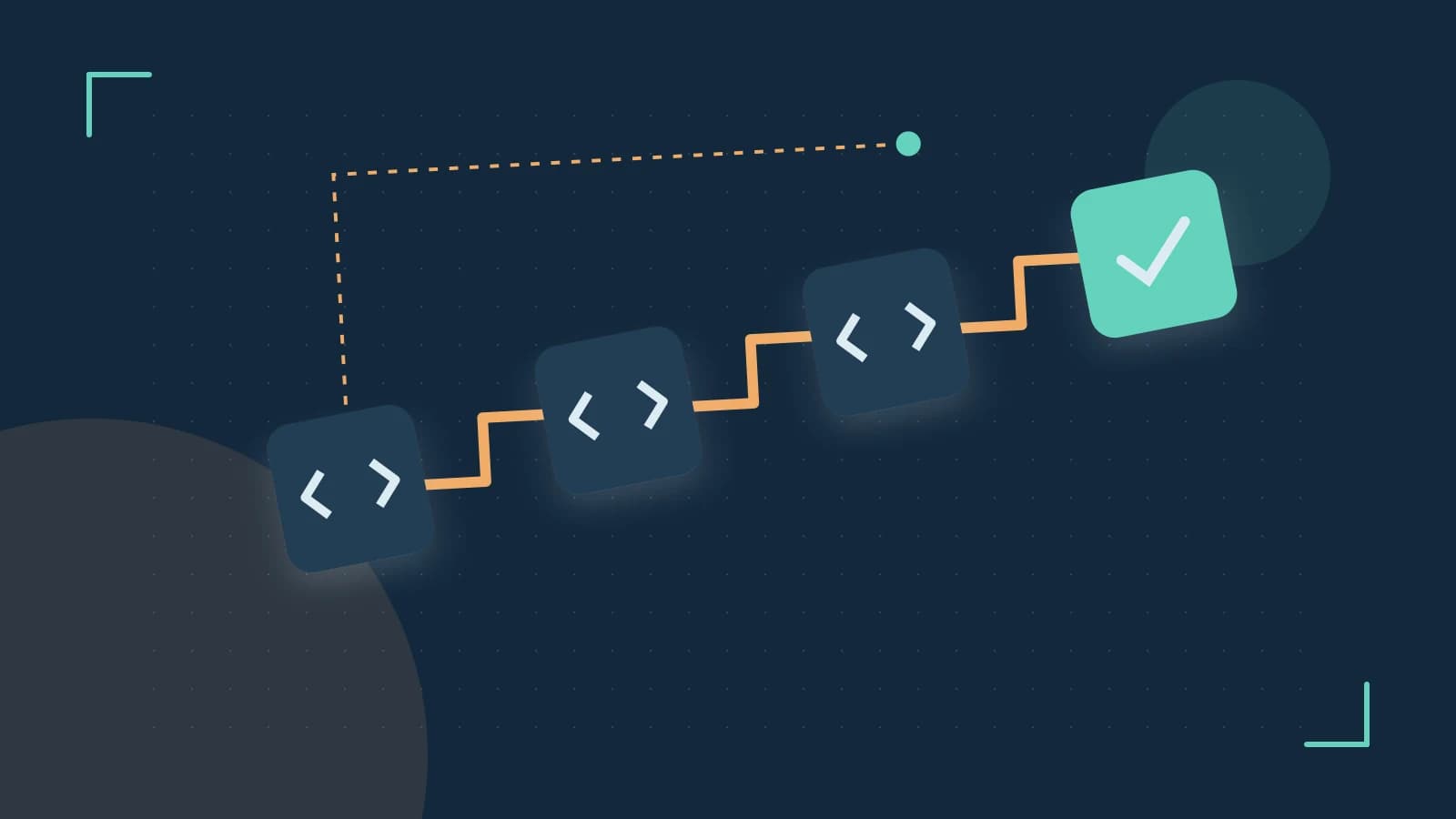 Editorial illustration of a branching build pipeline, staged transformations and a completed check