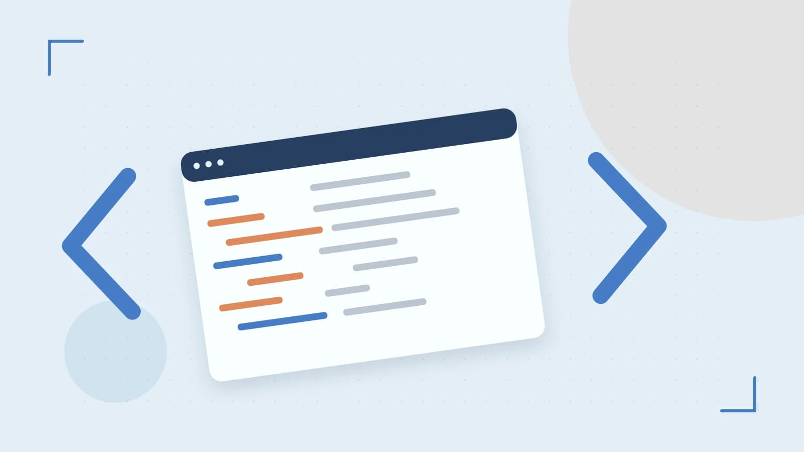 Editorial illustration of an abstract code editor, syntax blocks and oversized programming brackets