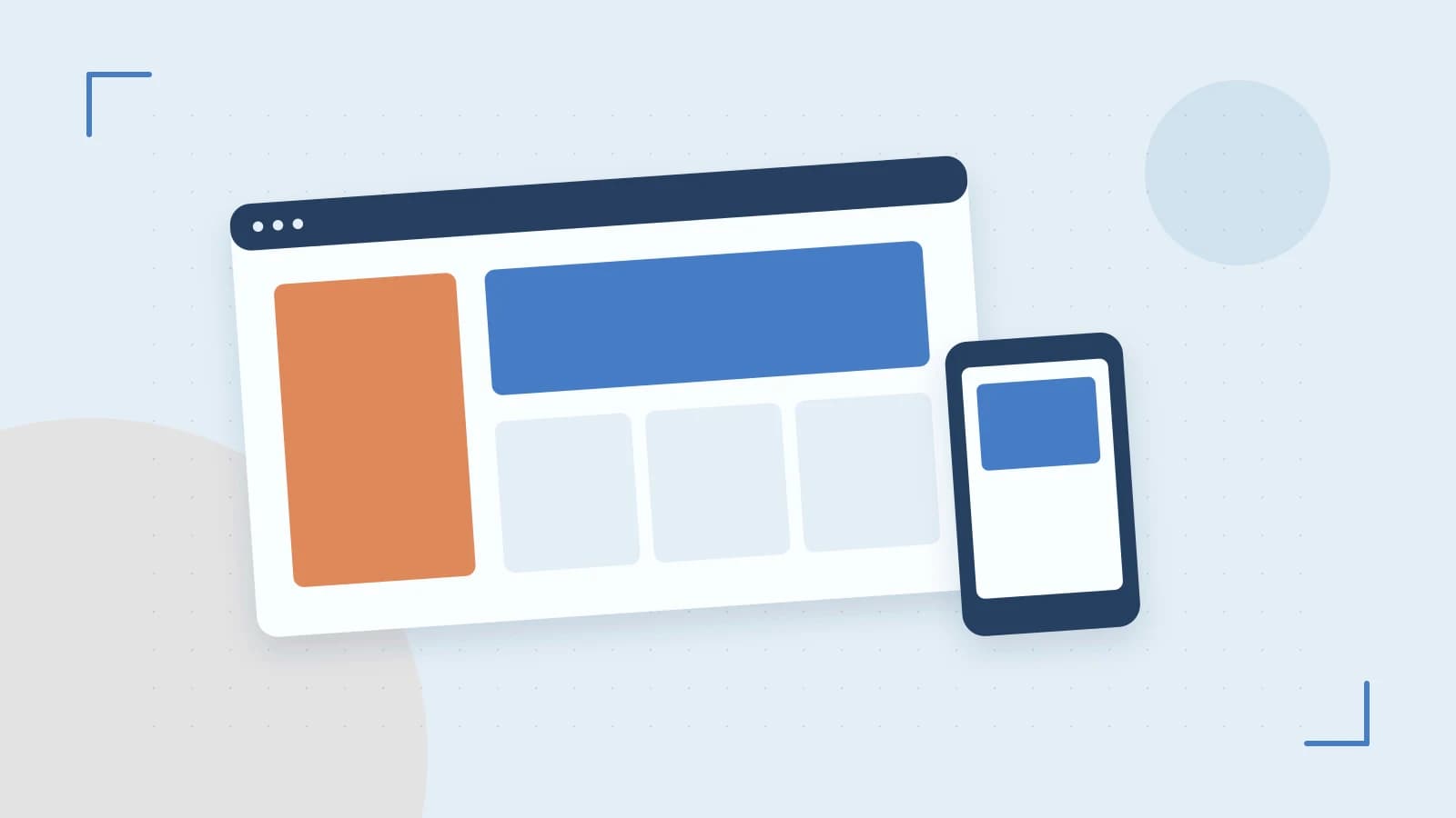 Editorial illustration of responsive browser layouts, overlapping design components and a color system