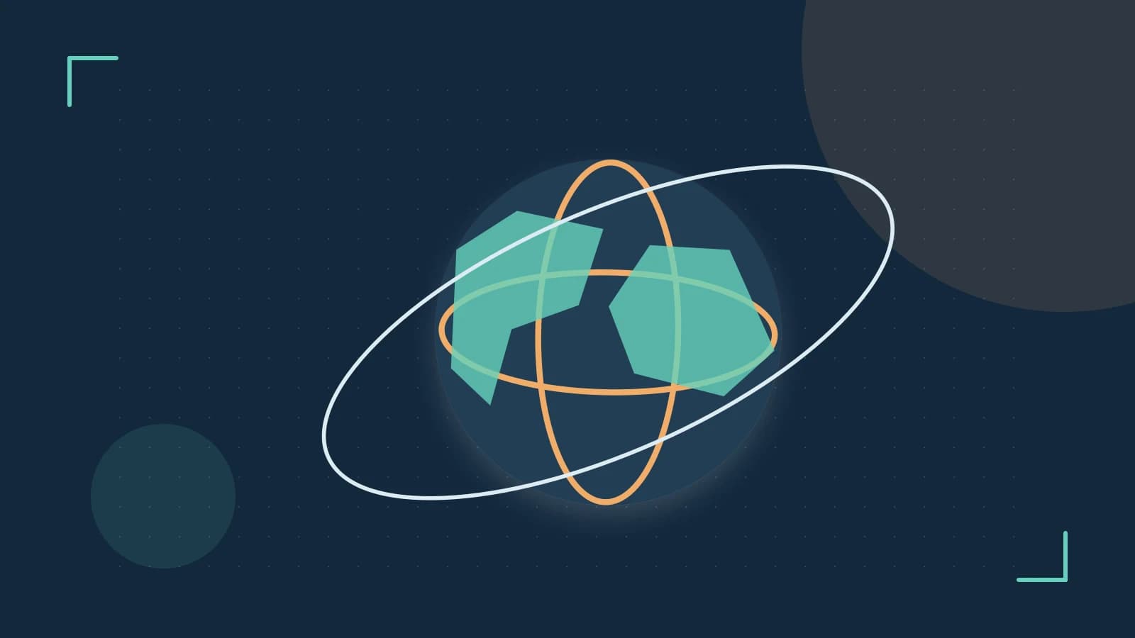 Editorial illustration of an editorial globe with meridians and layered geographic shapes