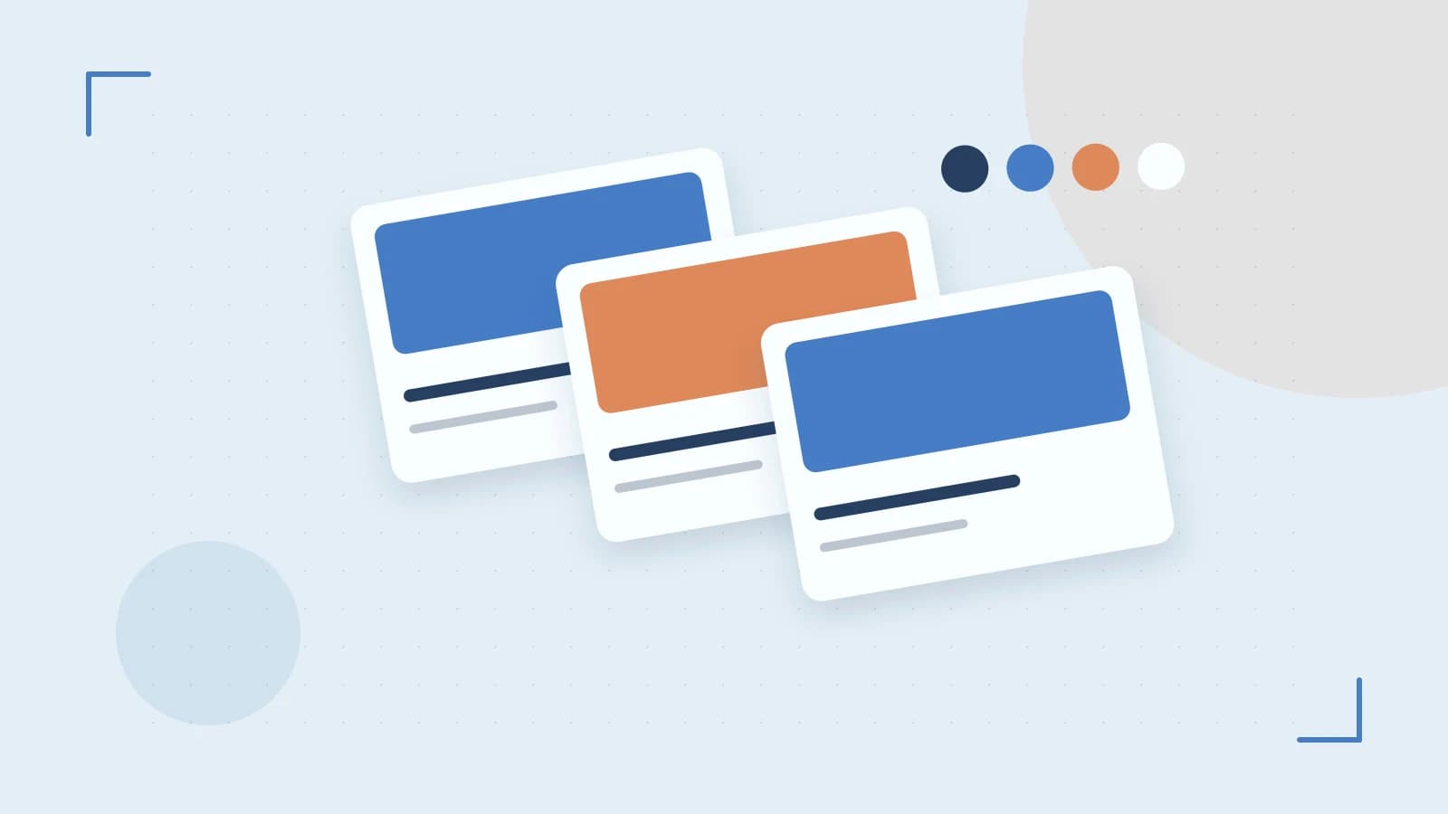 Editorial illustration of responsive browser layouts, overlapping design components and a color system