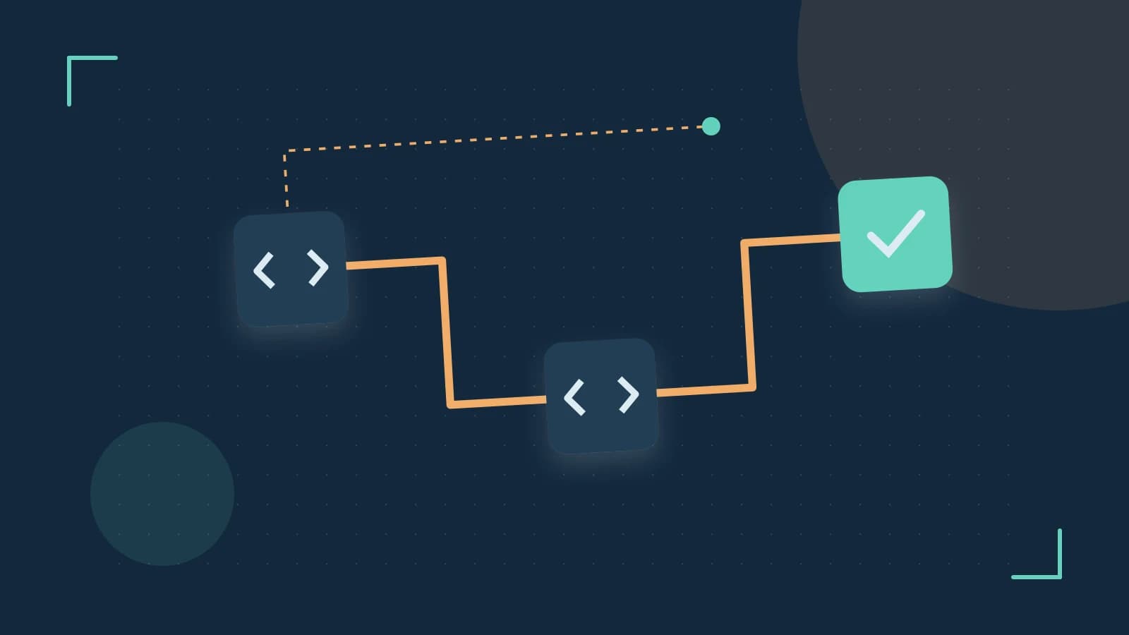 Editorial illustration of a branching build pipeline, staged transformations and a completed check