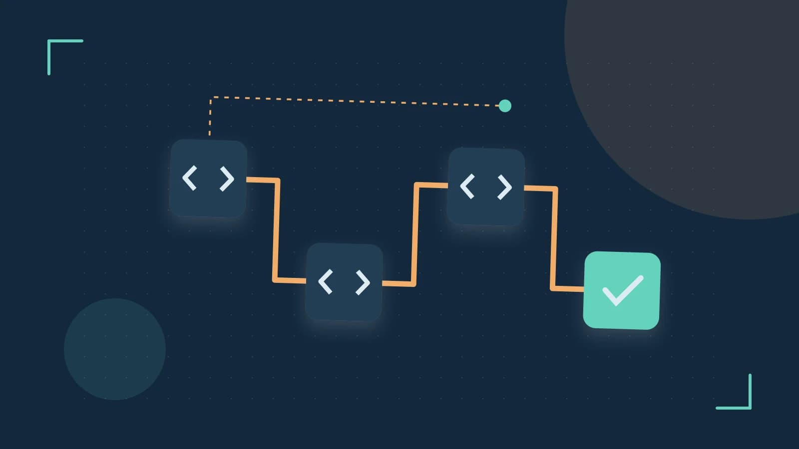 Editorial illustration of a branching build pipeline, staged transformations and a completed check