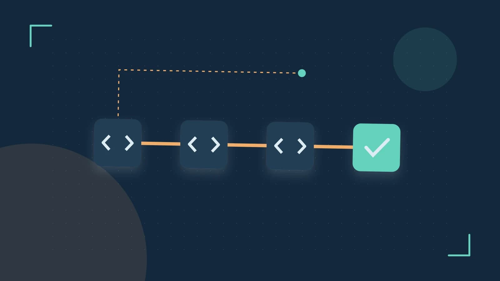Editorial illustration of a branching build pipeline, staged transformations and a completed check