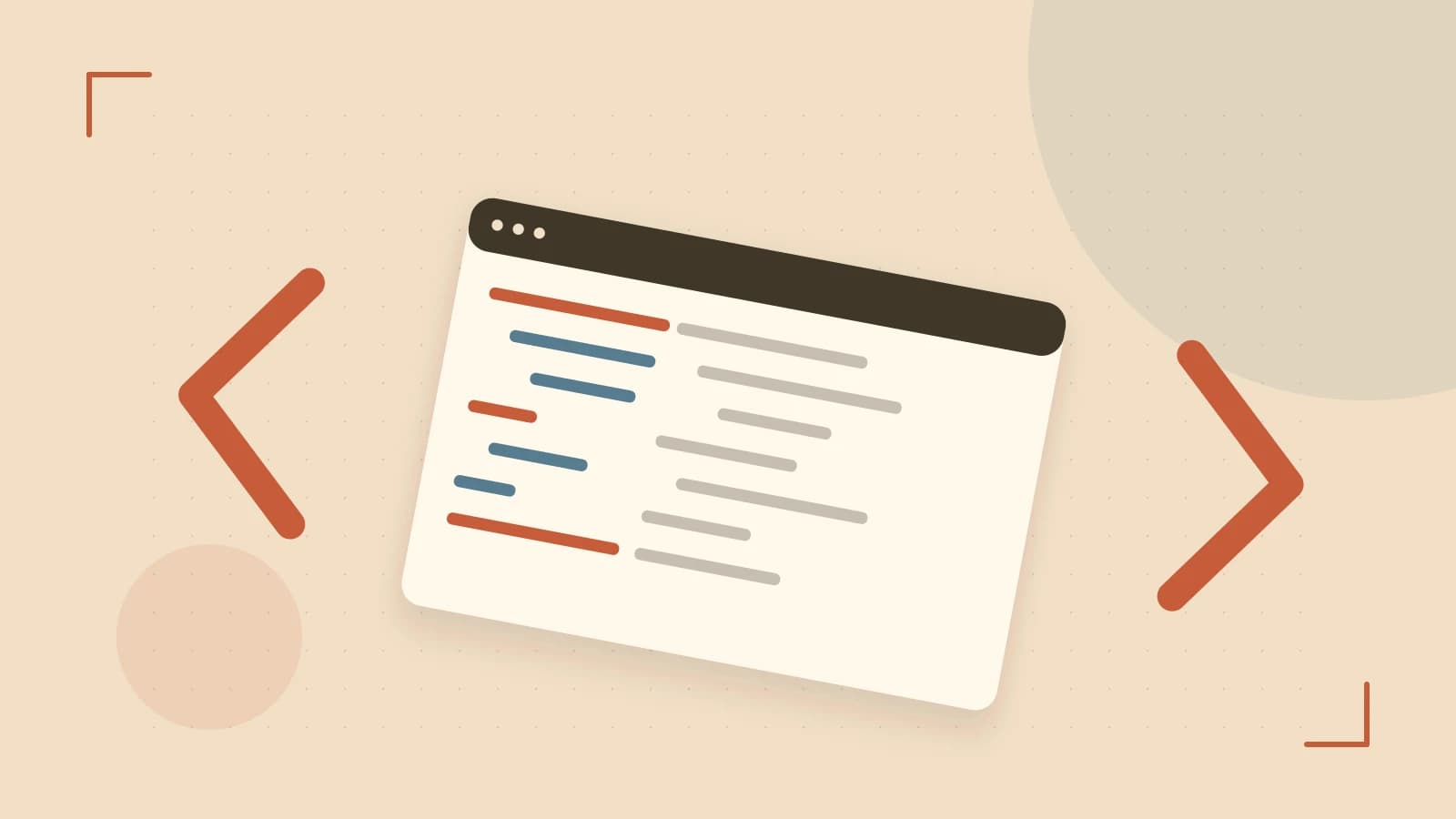 Editorial illustration of an abstract code editor, syntax blocks and oversized programming brackets