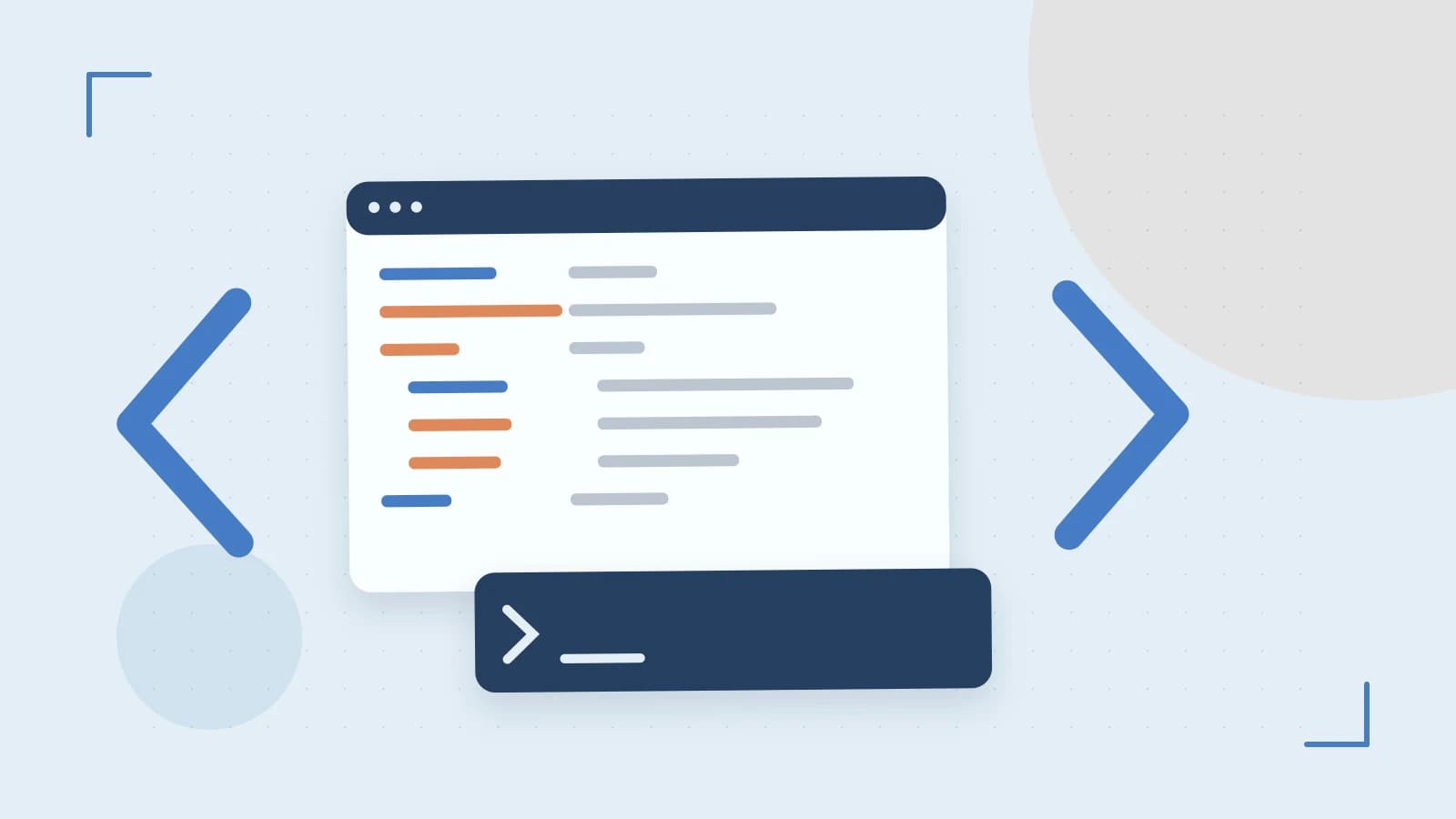 Editorial illustration of an abstract code editor, syntax blocks and oversized programming brackets