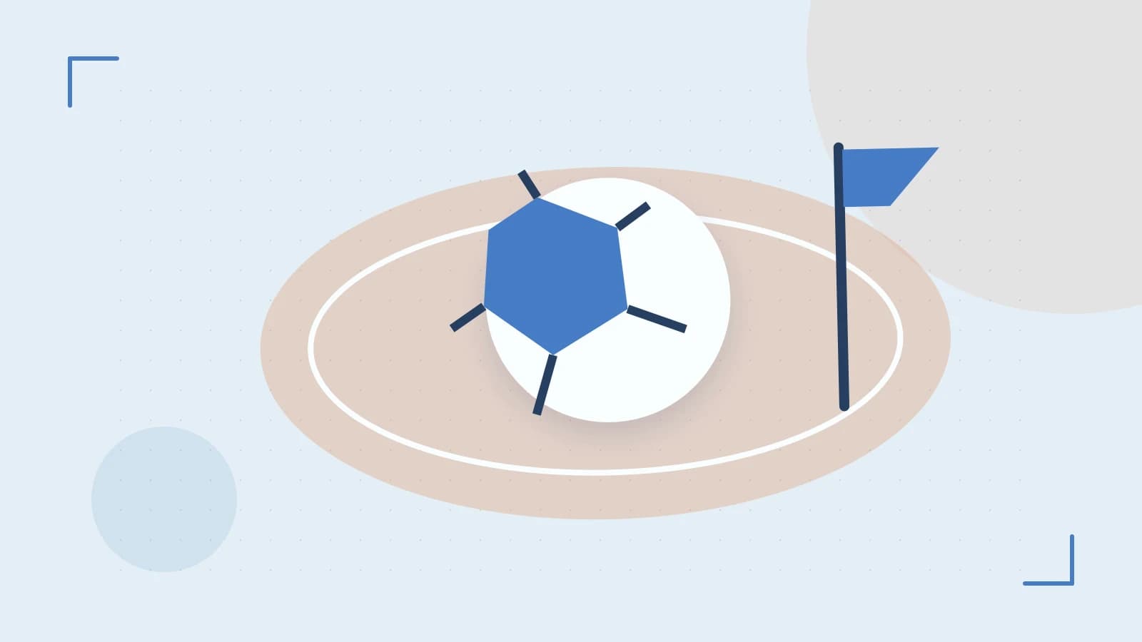 Editorial illustration of a stylized sports ball, stadium geometry and dynamic arcs
