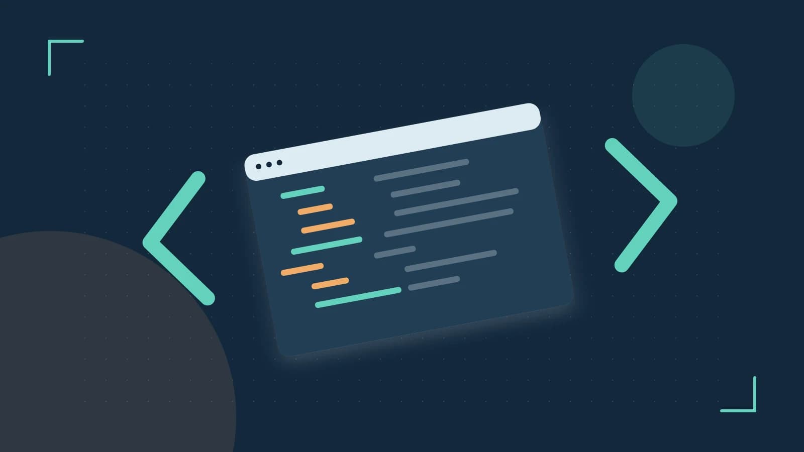 Editorial illustration of an abstract code editor, syntax blocks and oversized programming brackets