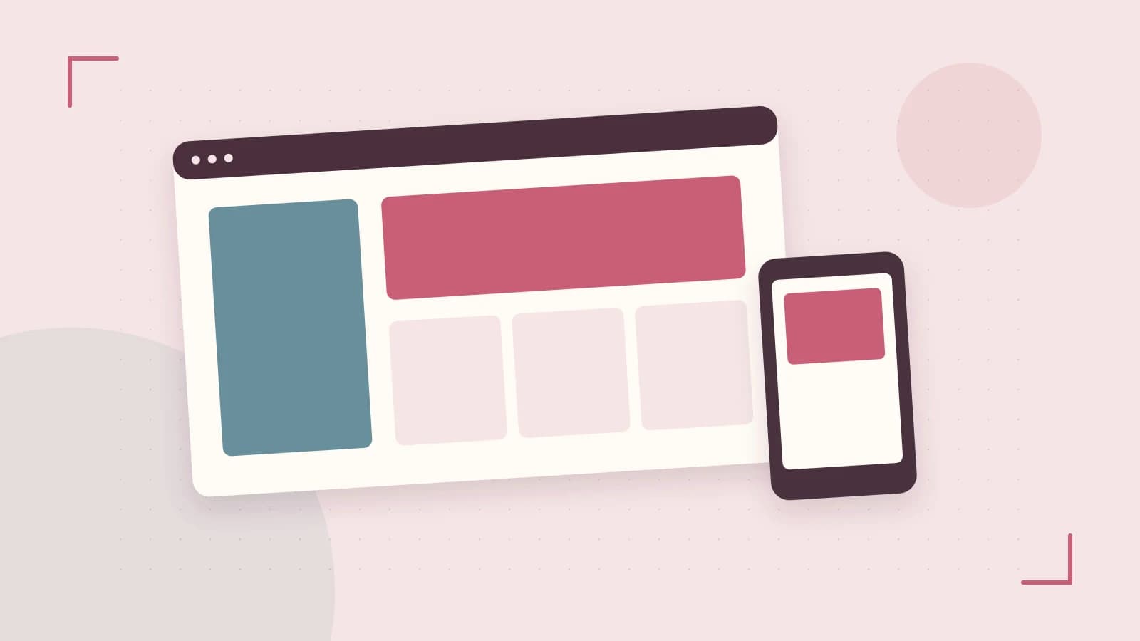 Editorial illustration of responsive browser layouts, overlapping design components and a color system