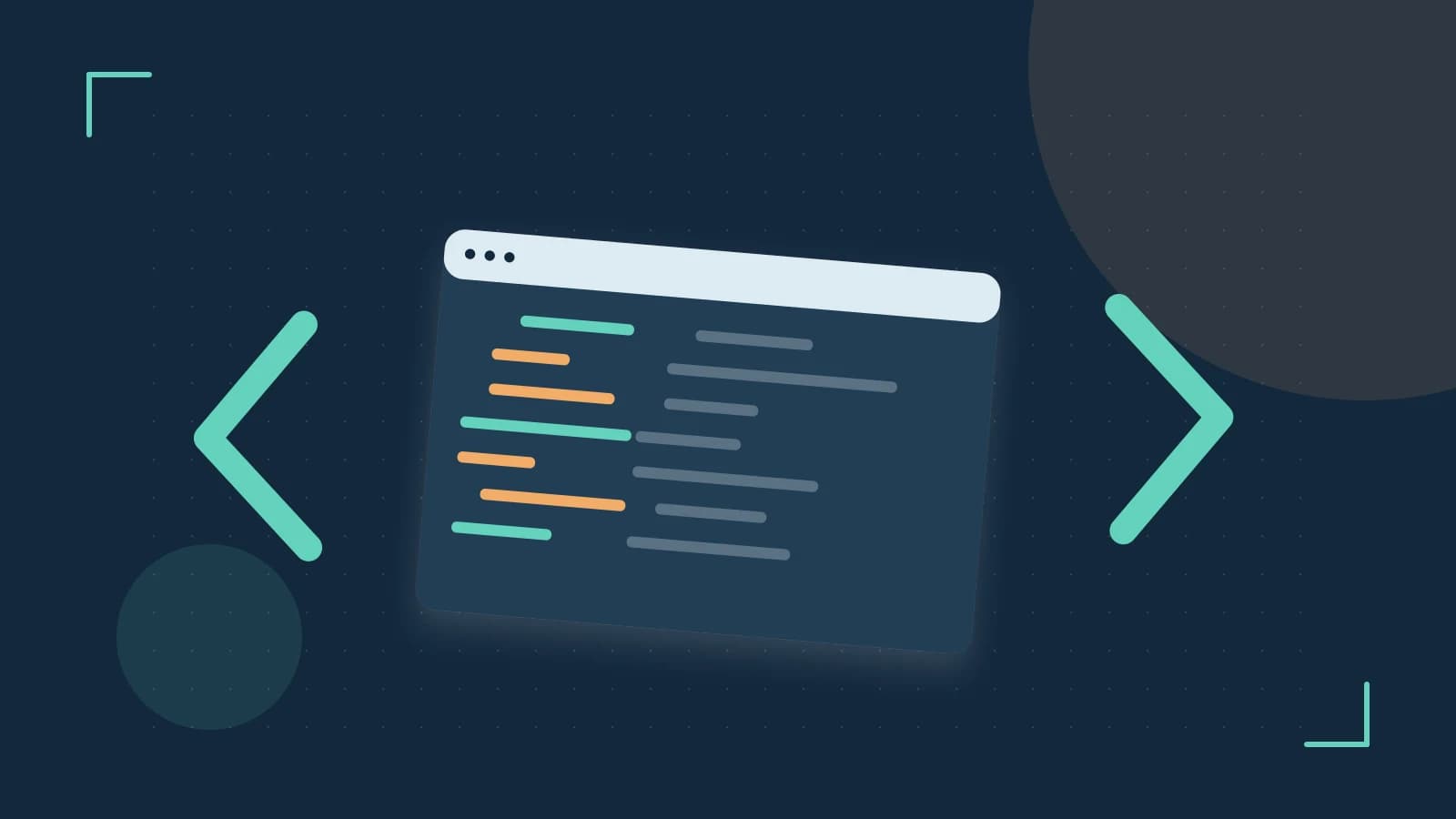 Editorial illustration of an abstract code editor, syntax blocks and oversized programming brackets