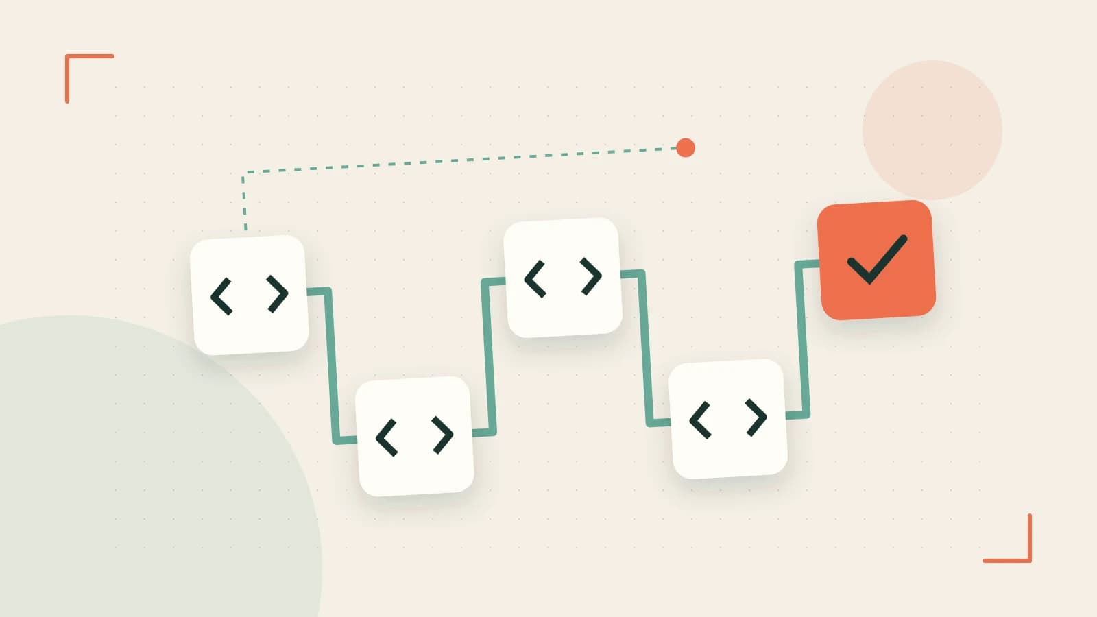 Editorial illustration of a branching build pipeline, staged transformations and a completed check