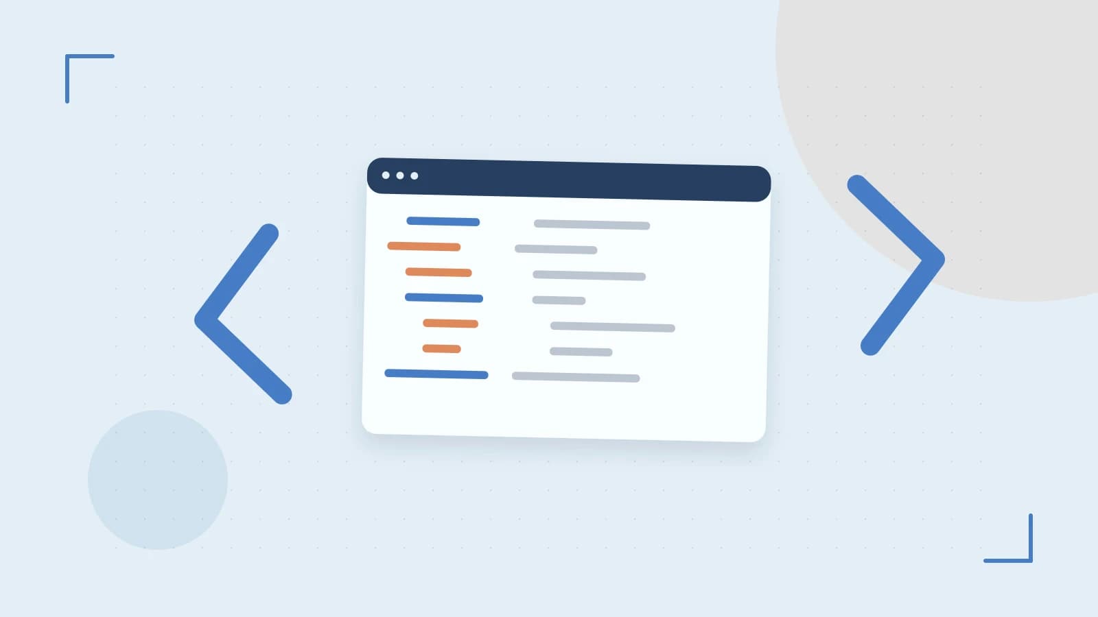 Editorial illustration of an abstract code editor, syntax blocks and oversized programming brackets