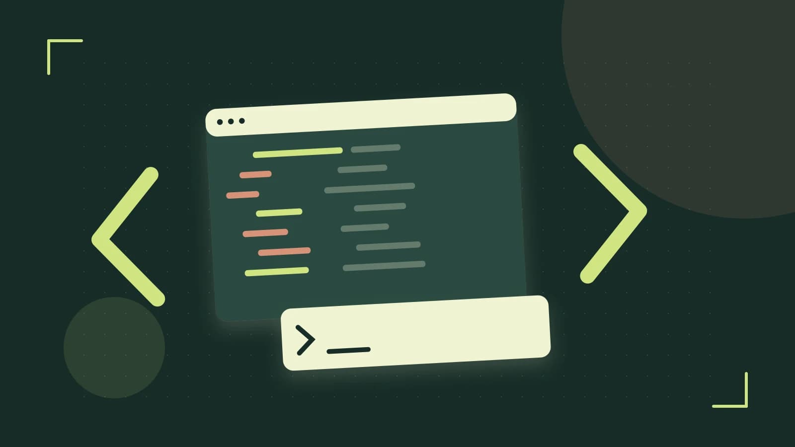 Editorial illustration of an abstract code editor, syntax blocks and oversized programming brackets