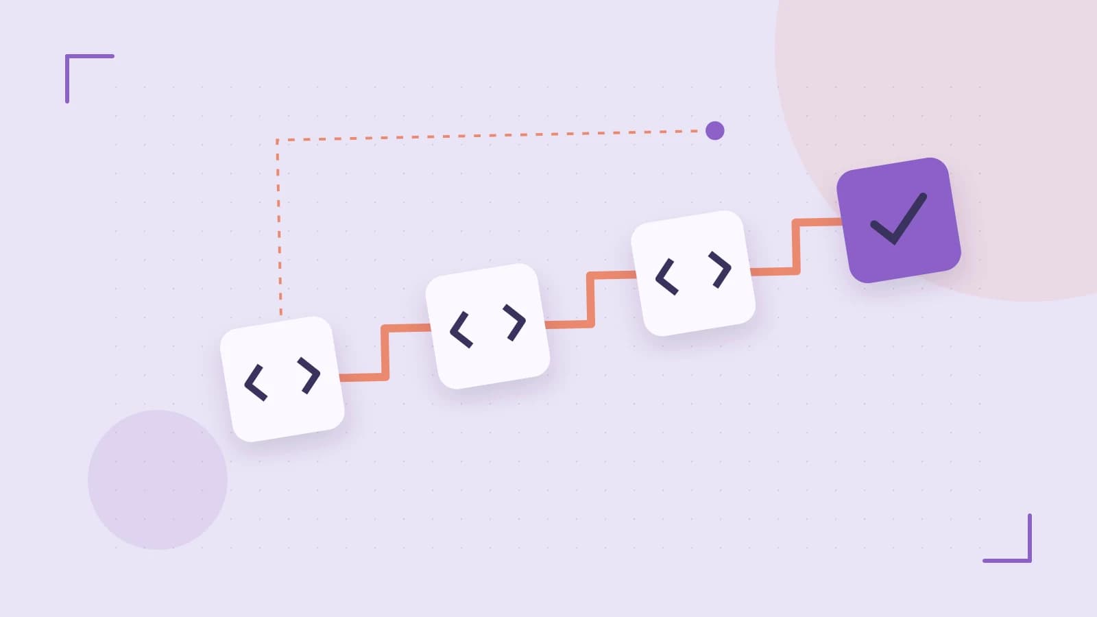 Editorial illustration of a branching build pipeline, staged transformations and a completed check