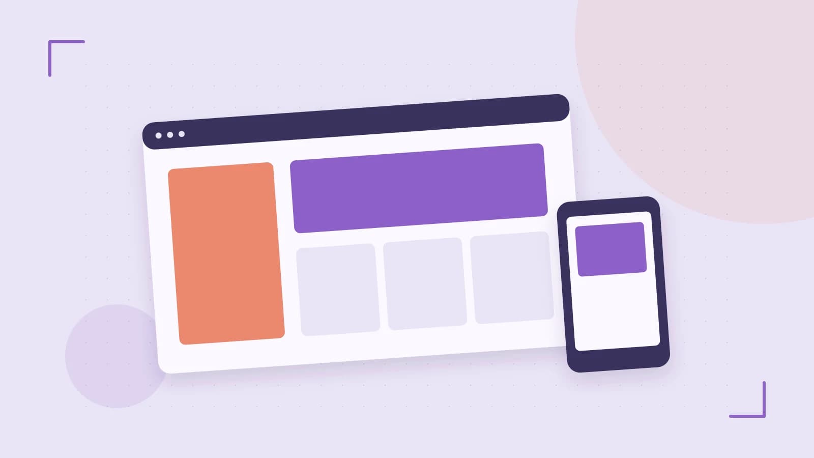 Editorial illustration of responsive browser layouts, overlapping design components and a color system