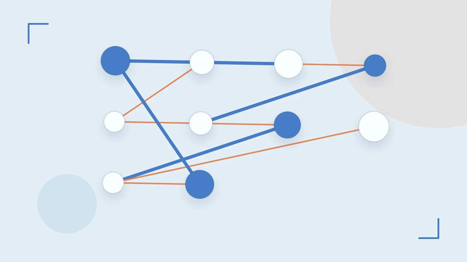 Editorial illustration of an algorithmic node graph with branching paths and a highlighted result