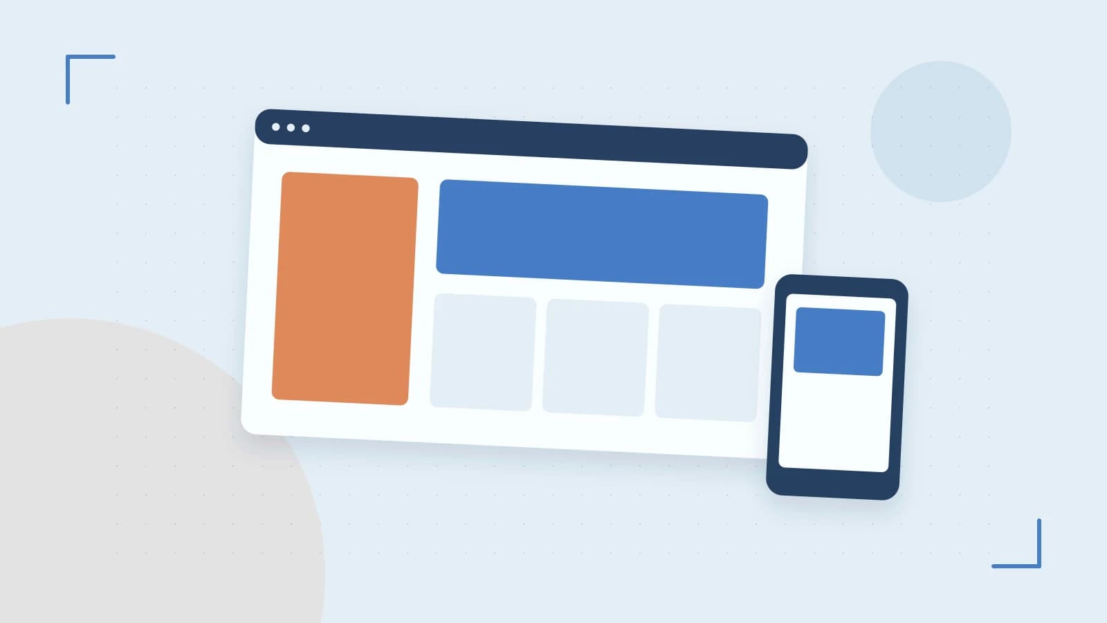 Editorial illustration of responsive browser layouts, overlapping design components and a color system